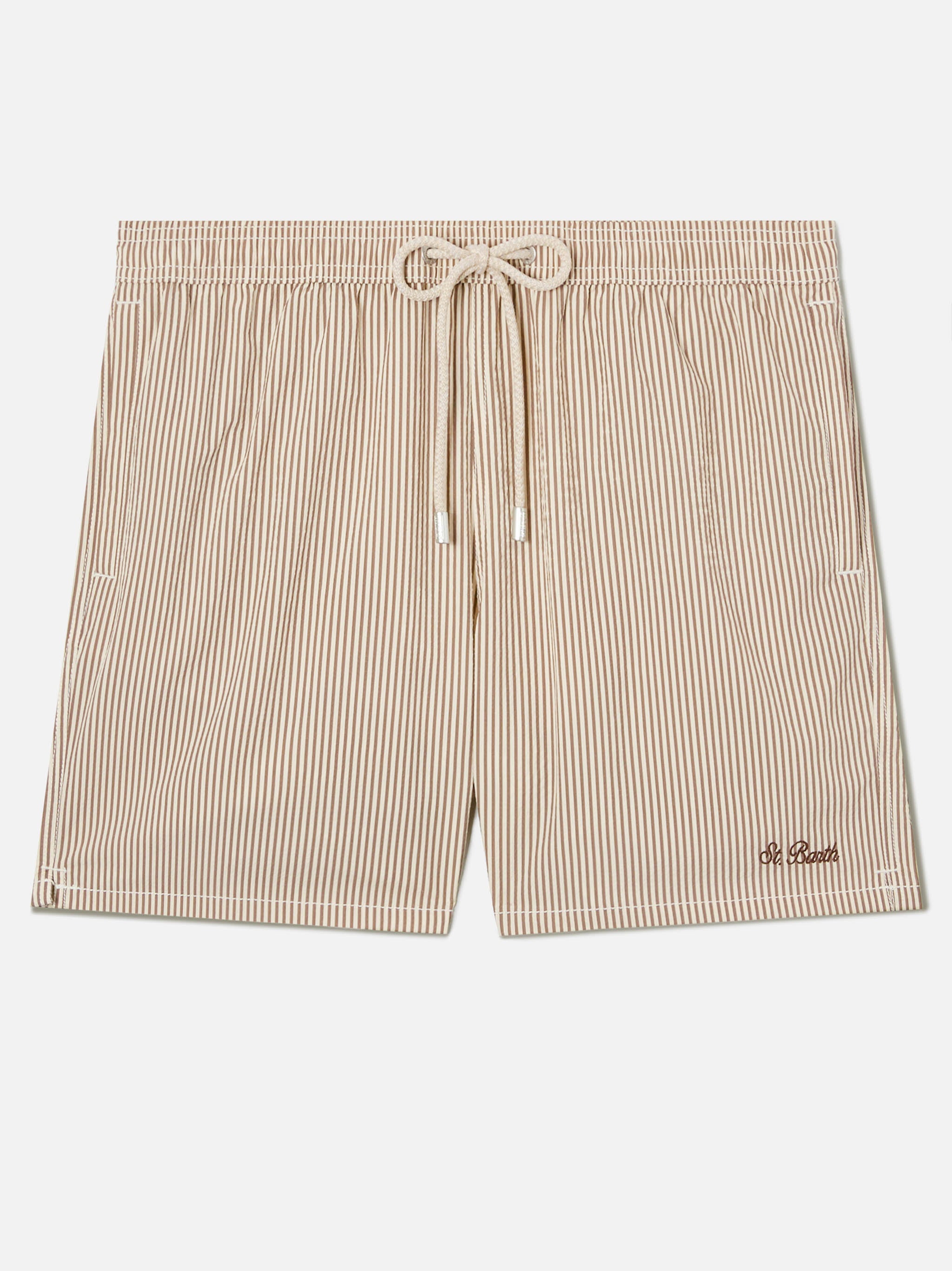 Patmos Seersucker Striped Swim Shorts Brown And White Swimshort