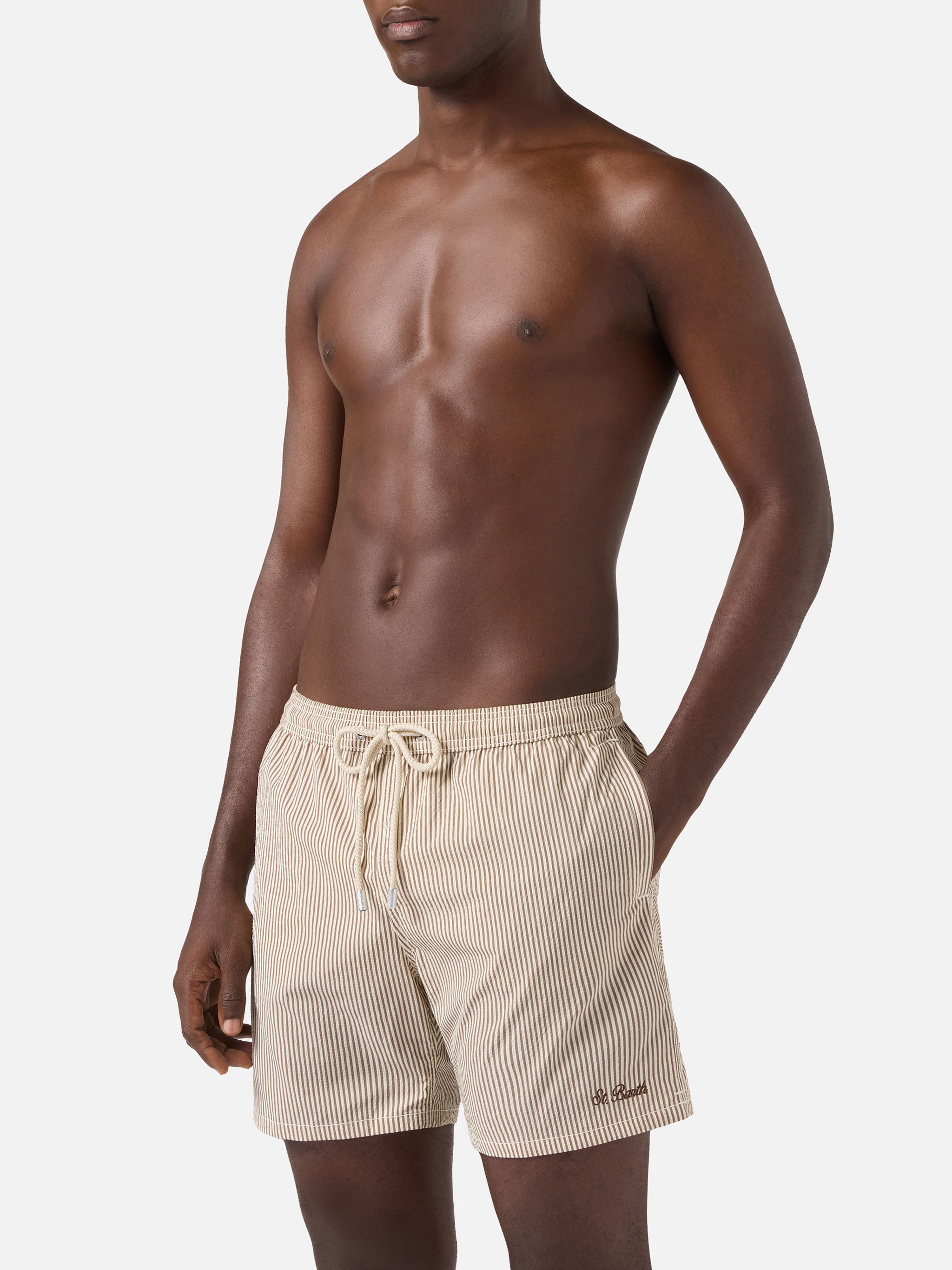 Patmos Seersucker Striped Swim Shorts Brown And White Swimshort