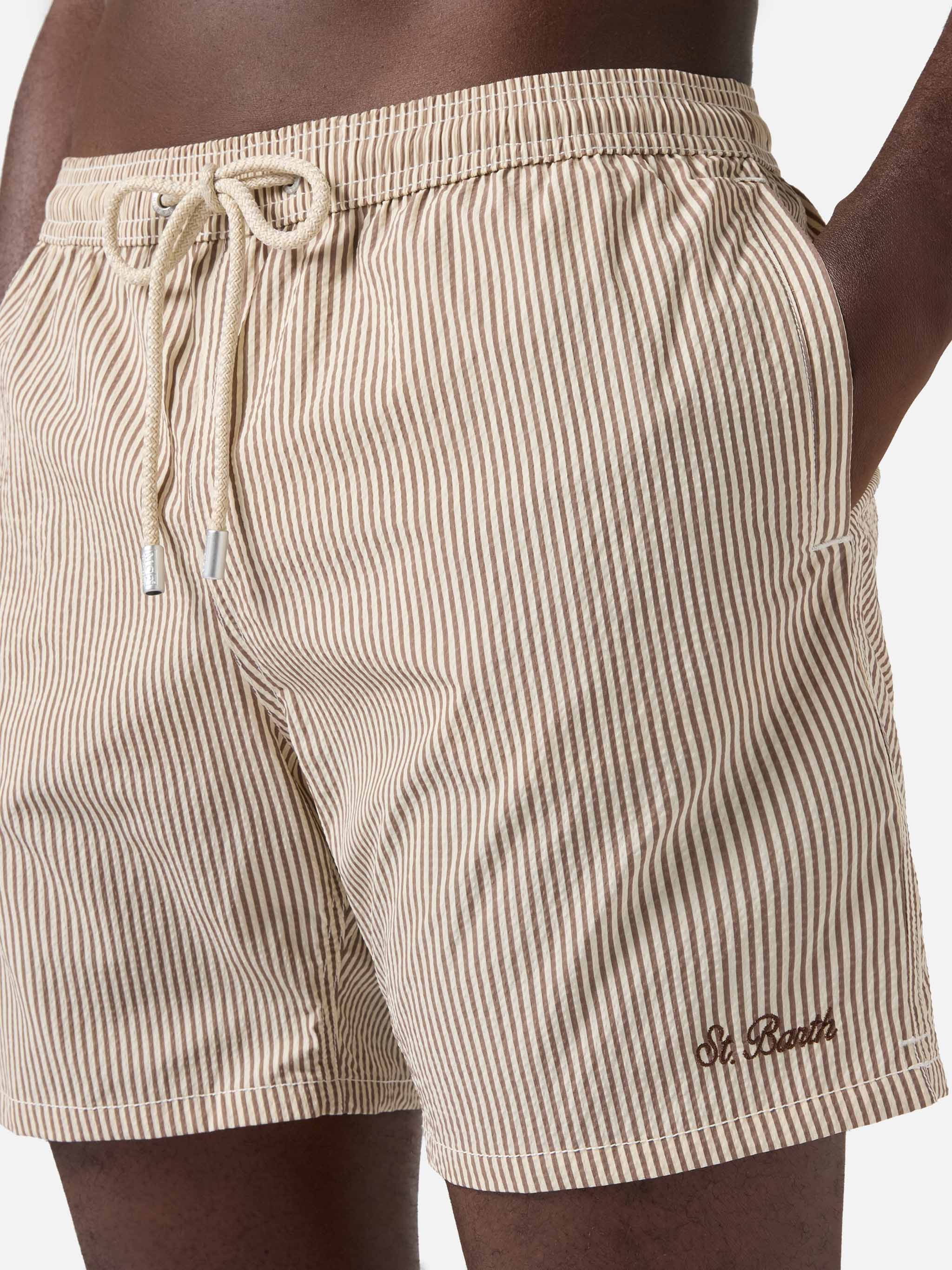 Patmos Seersucker Striped Swim Shorts Brown And White Swimshort