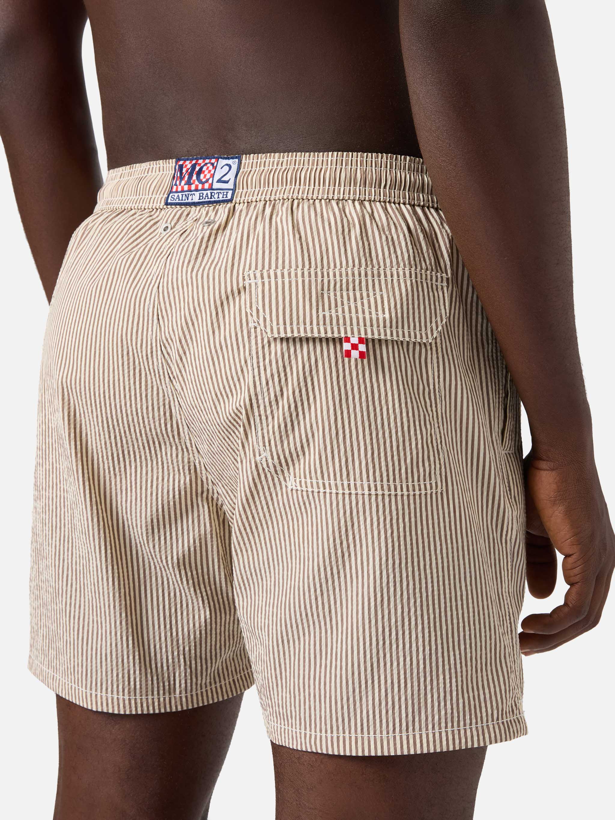 Patmos Seersucker Striped Swim Shorts Brown And White Swimshort