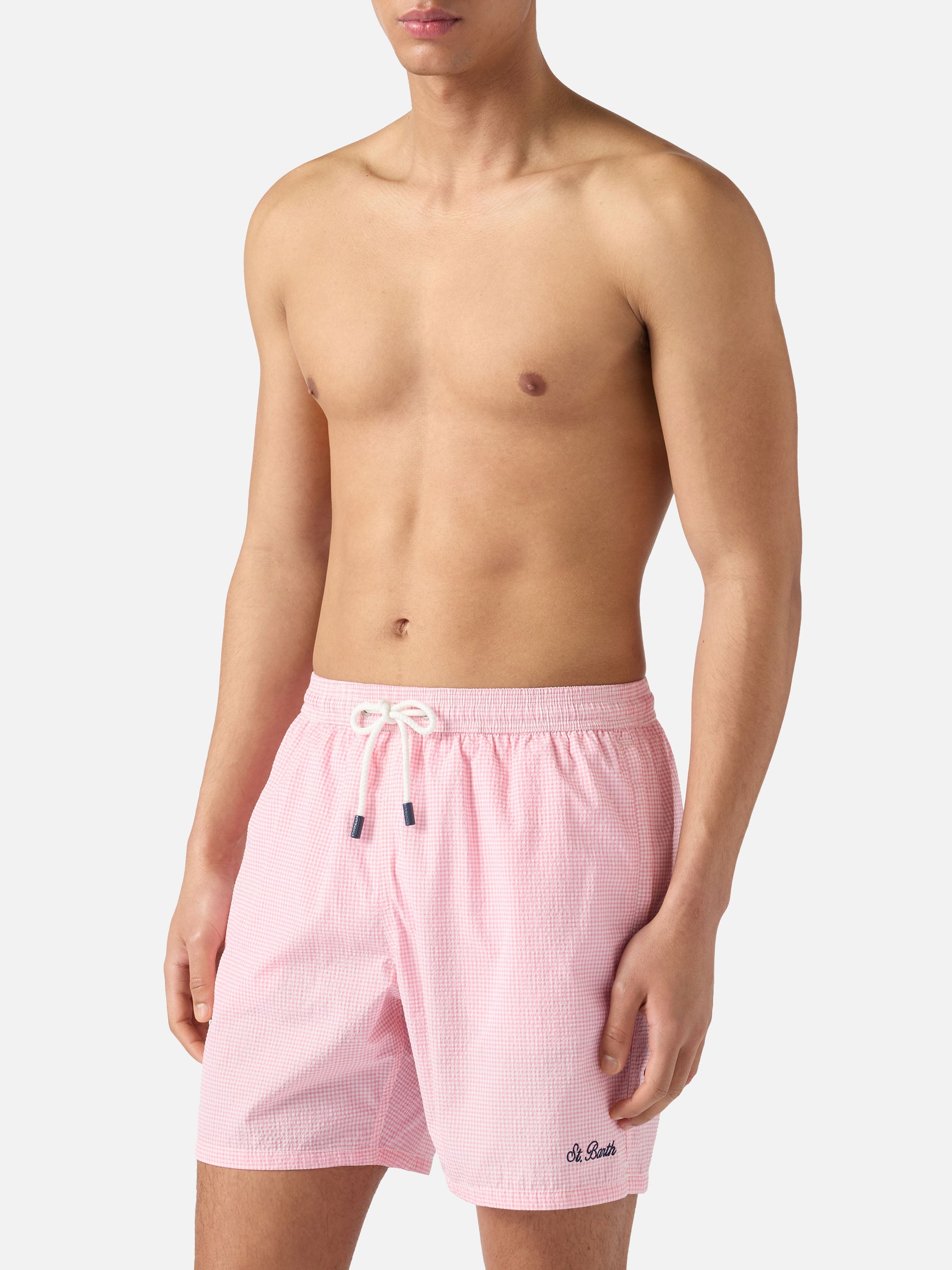 Patmos Seersucker Gingham Swim Shorts Pink And White Swimshort