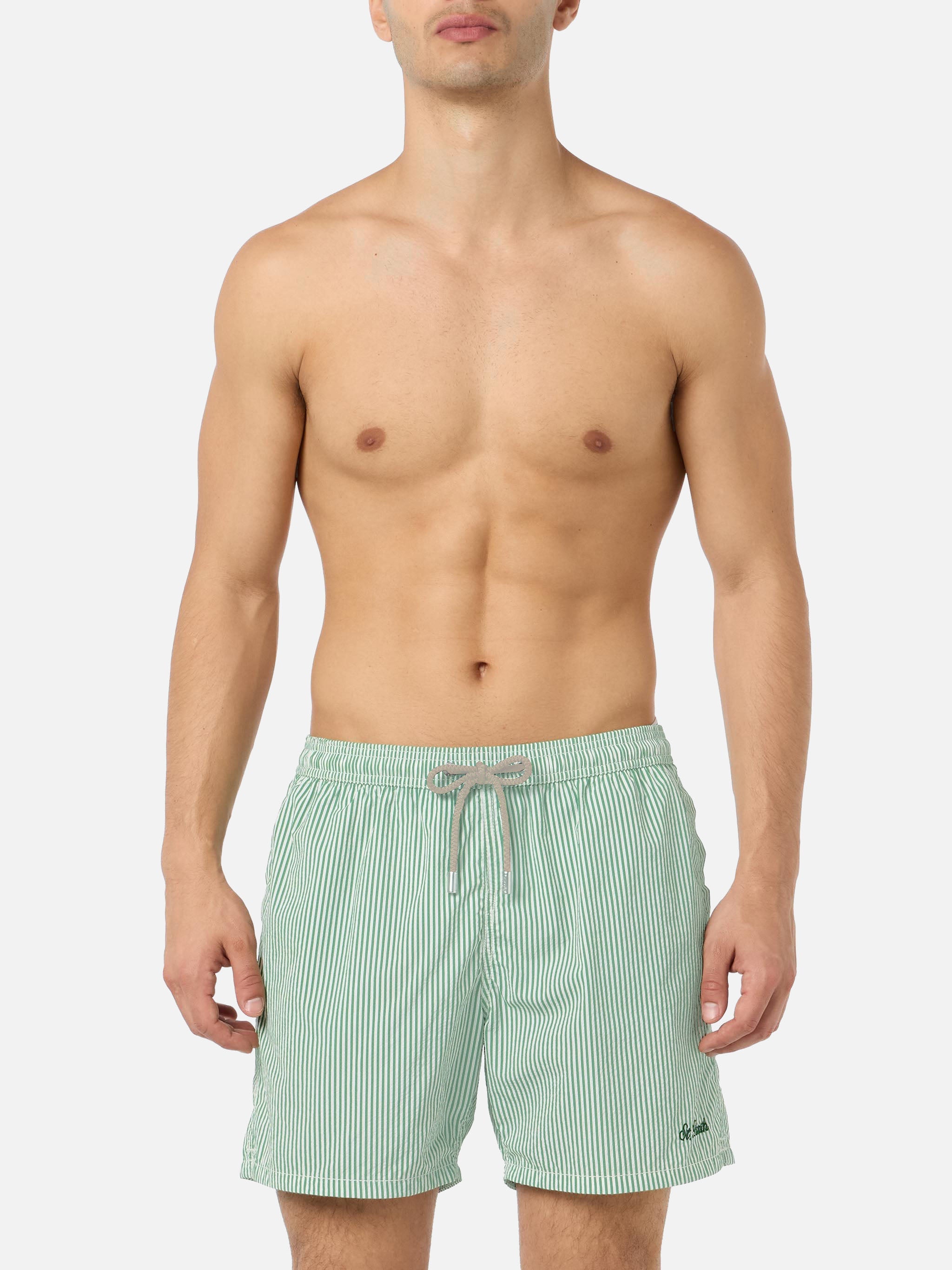 Seersucker Sage Green Striped Classic Light Swim Shorts Patmos Swimshort