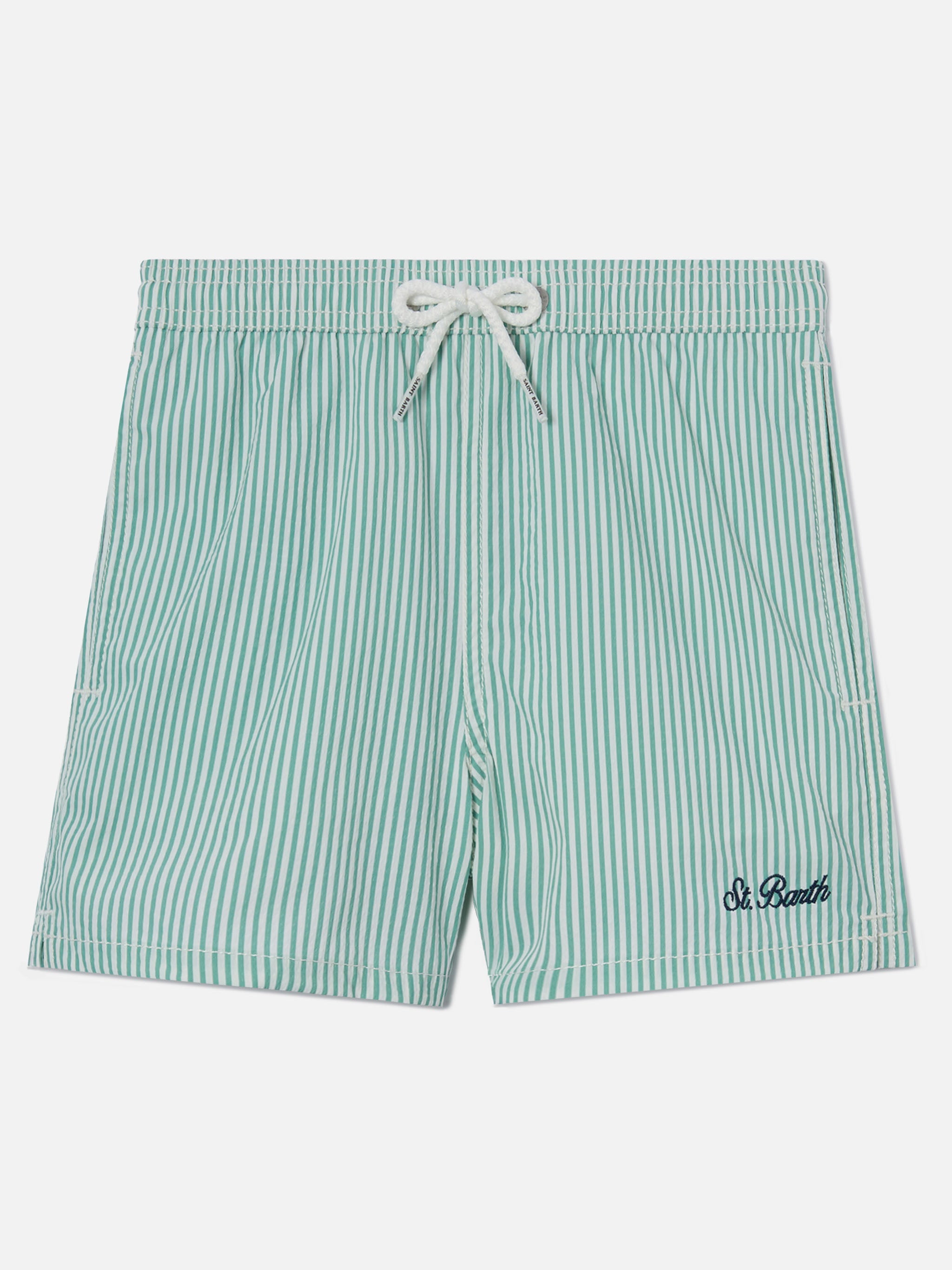 Patmos Jr Seersucker Swim Shorts Striped With St. Barth Embroidery White Swimshort