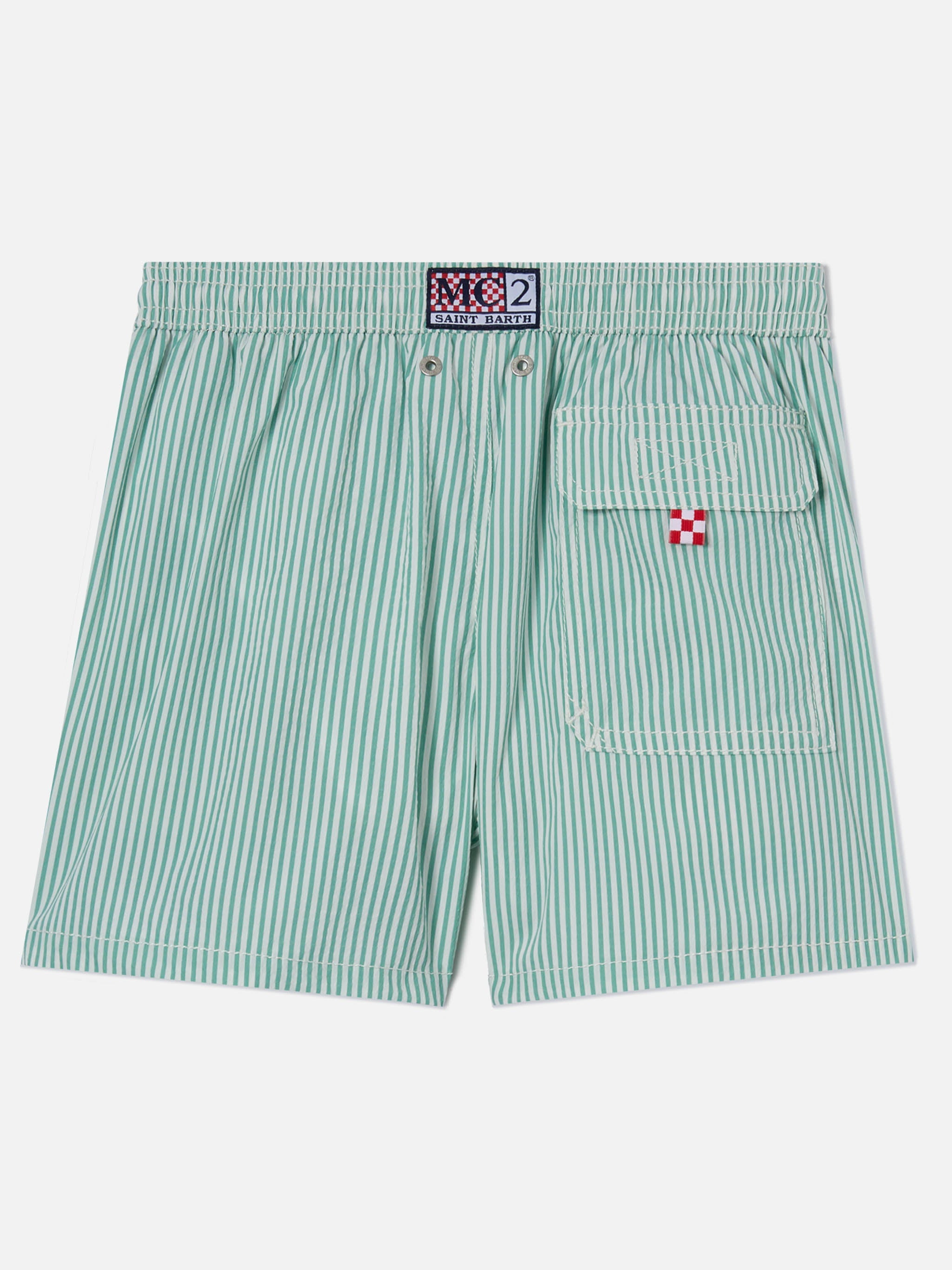 Patmos Jr Seersucker Swim Shorts Striped With St. Barth Embroidery White Swimshort