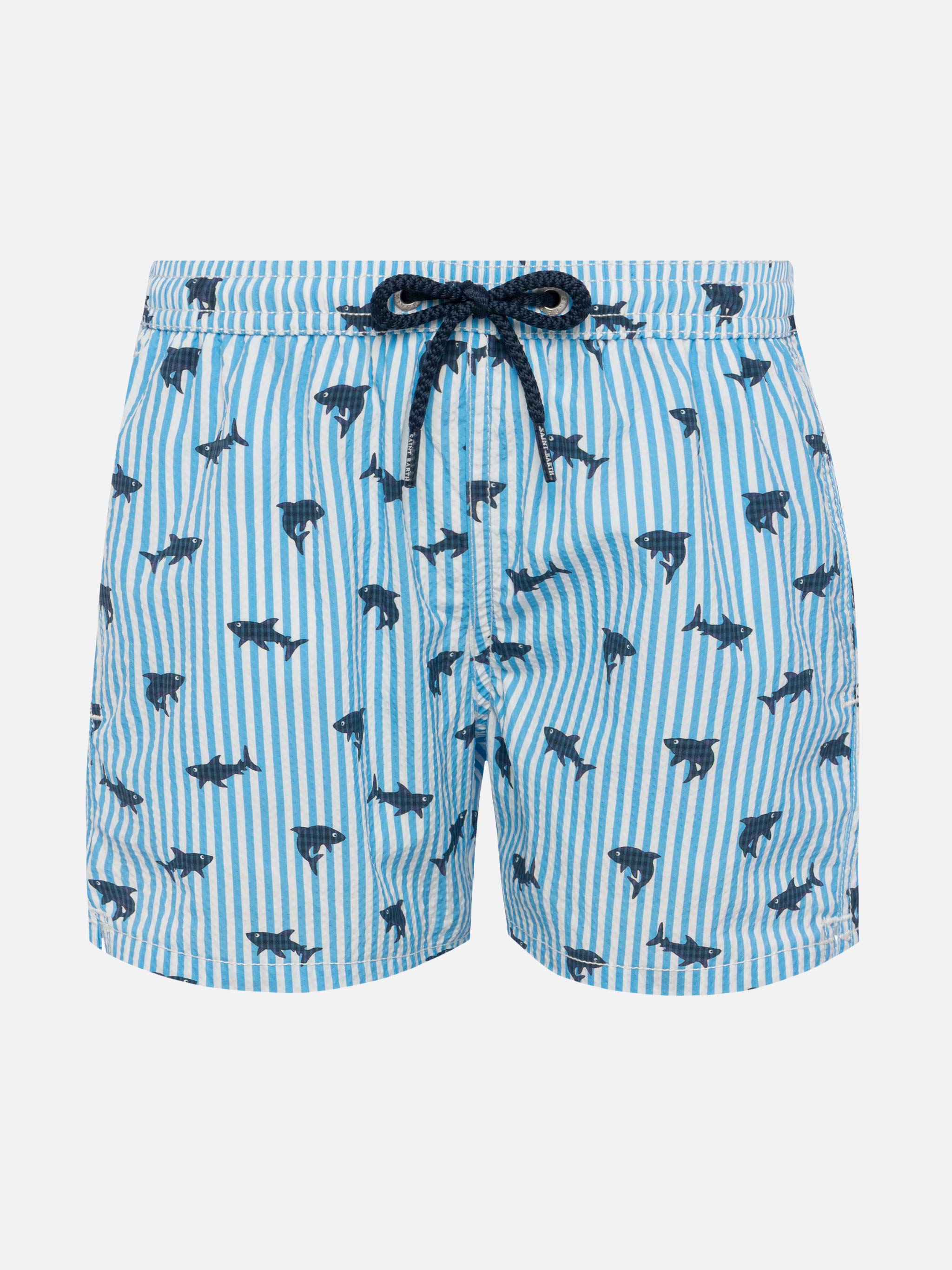 Patmos Jr Seersucker Striped Mid-Length Swim Shorts With Shark Print __single__ Swimshort