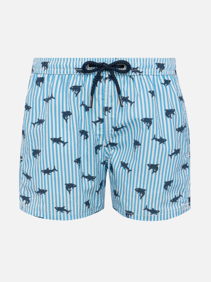 Patmos Jr Seersucker Striped Mid-Length Swim Shorts With Shark Print __single__ Swimshort