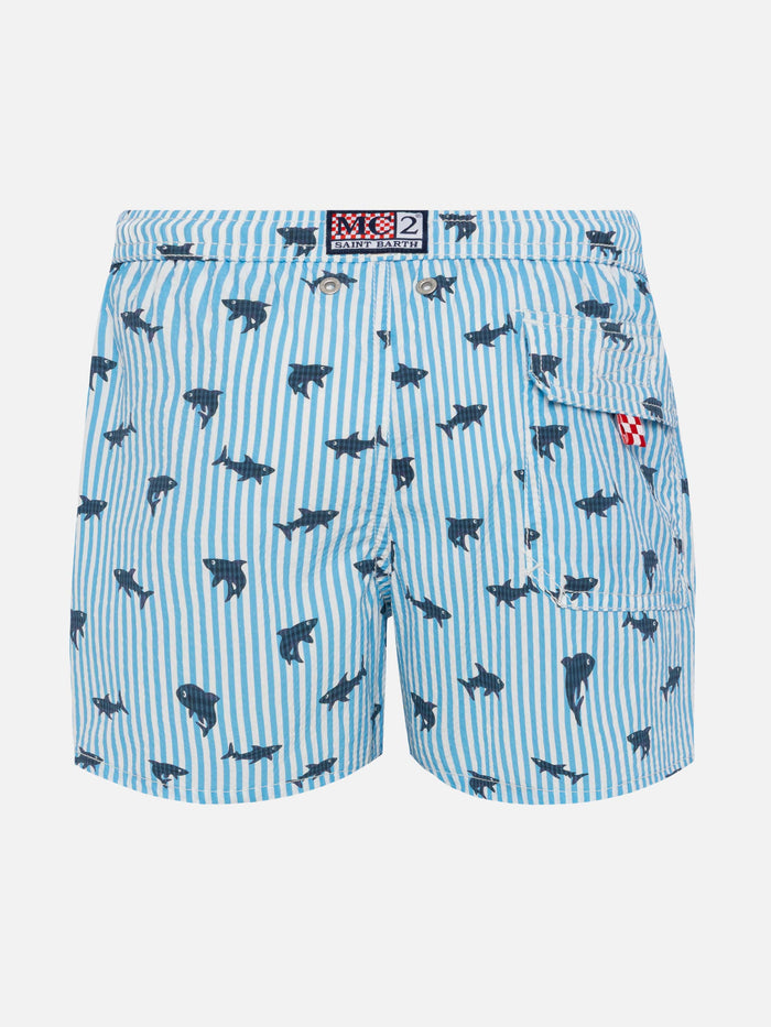 Patmos Jr Seersucker Striped Mid-Length Swim Shorts With Shark Print __single__ Swimshort