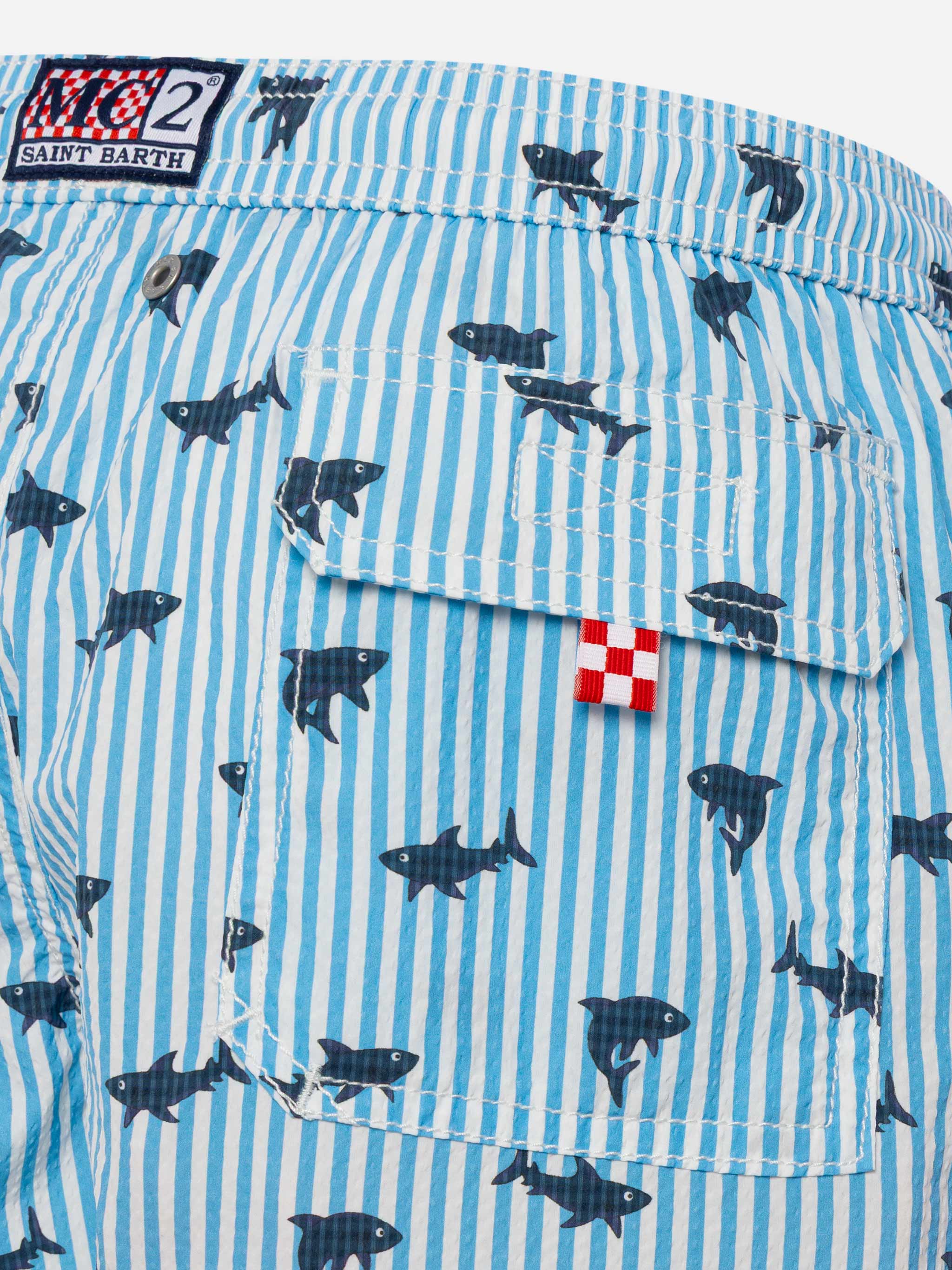 Patmos Jr Seersucker Striped Mid-Length Swim Shorts With Shark Print Sky Swimshort