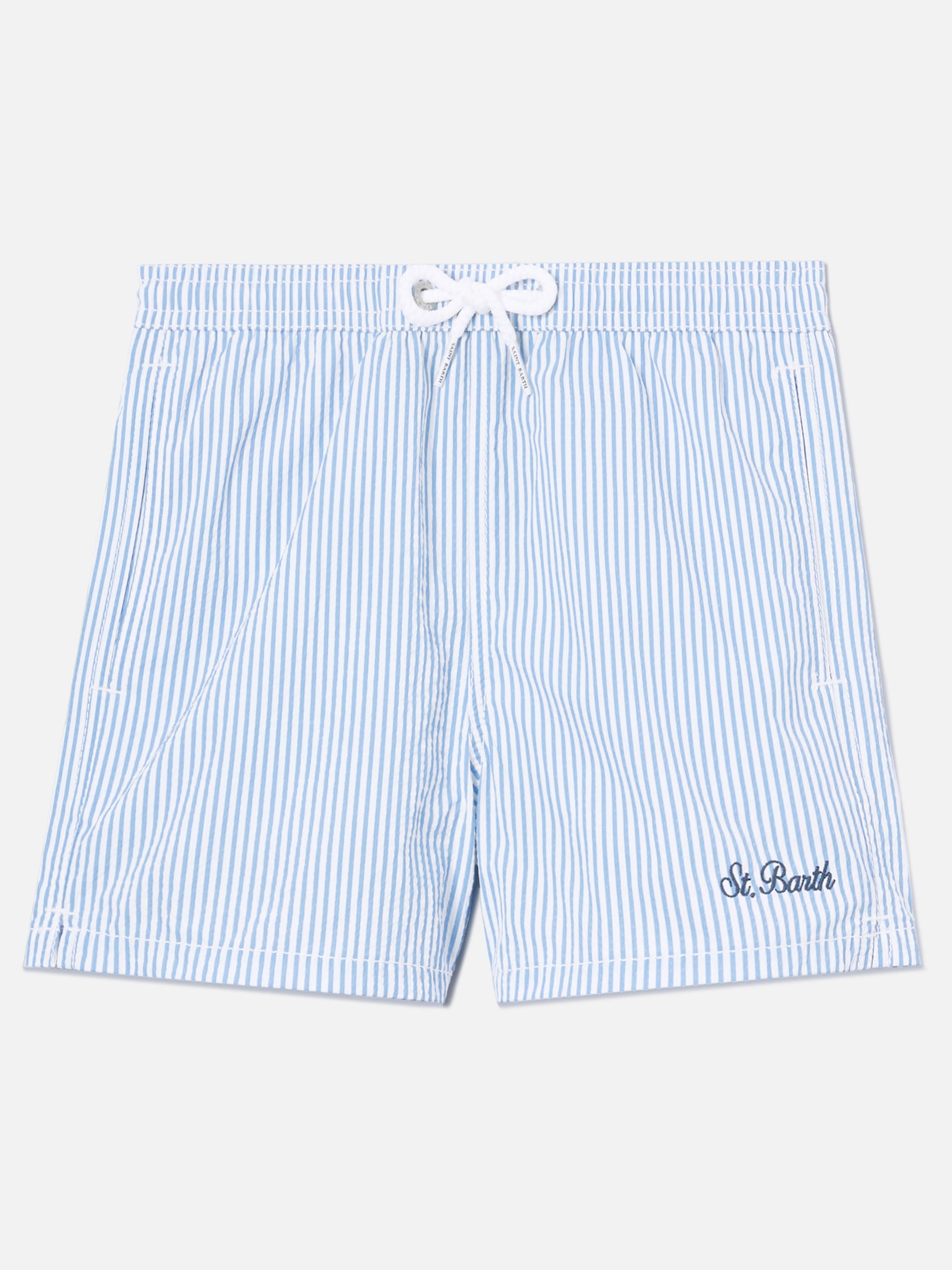 Patmos Jr Seersucker Swim Shorts Striped With St. Barth Embroidery Sky Swimshort