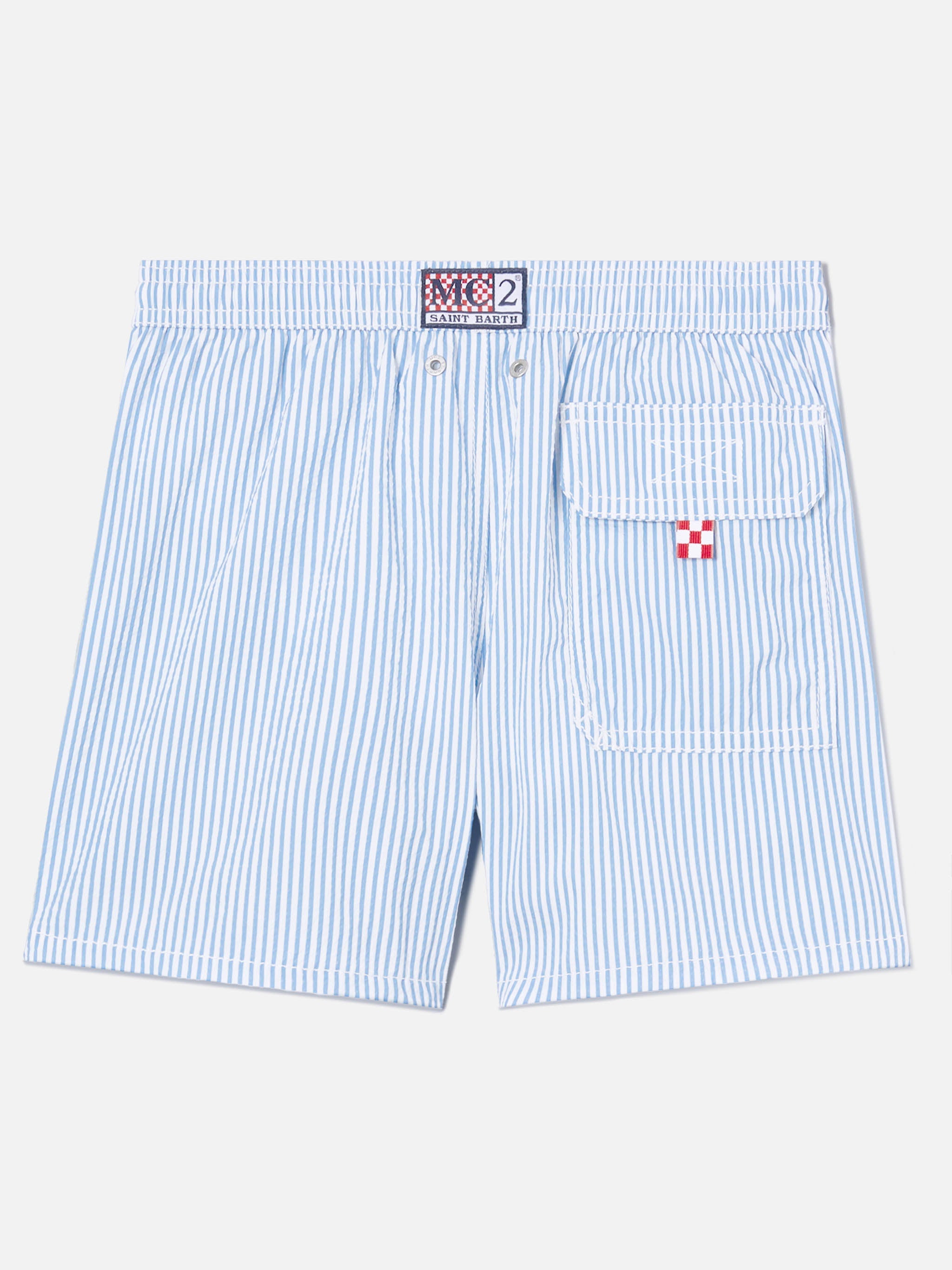 Patmos Jr Seersucker Swim Shorts Striped With St. Barth Embroidery Sky Swimshort