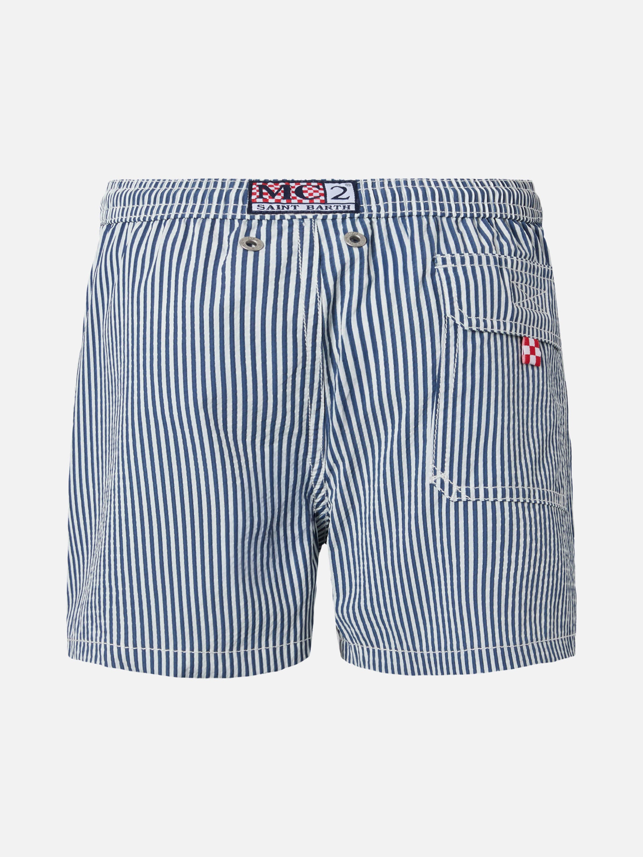 Patmos Jr Seersucker Blue Striped Mid-Length Swim Shorts Swimshort