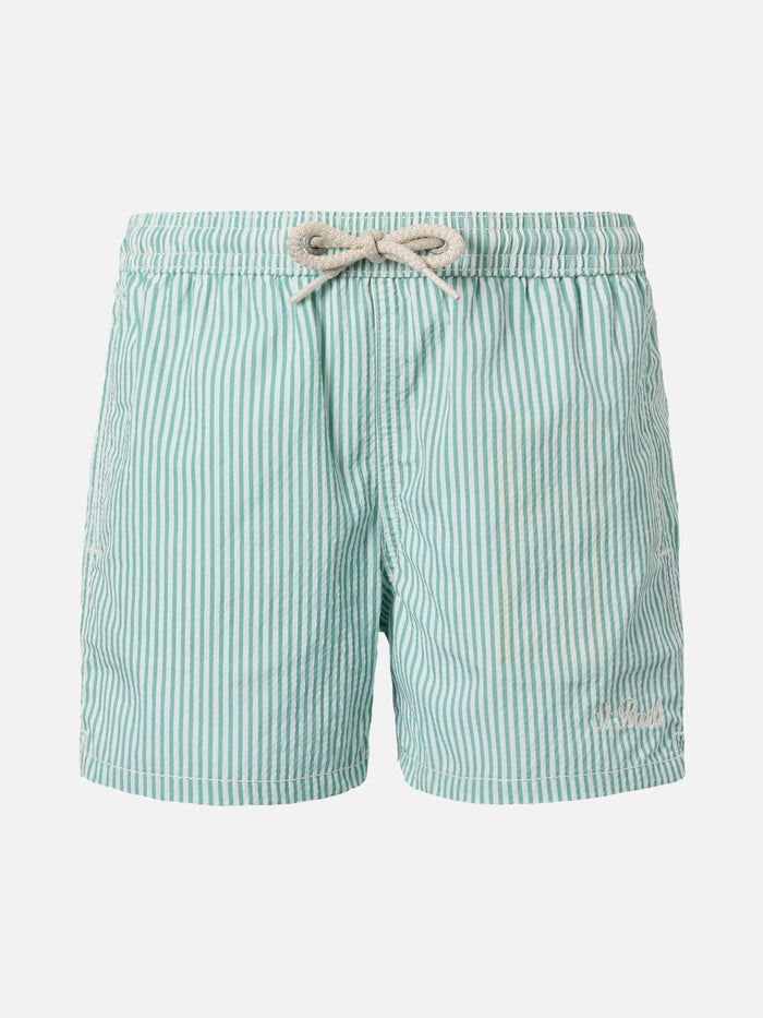 Patmos Jr Sage Green Seersucker Striped Mid-Length Swim Shorts __single__ Swimshort