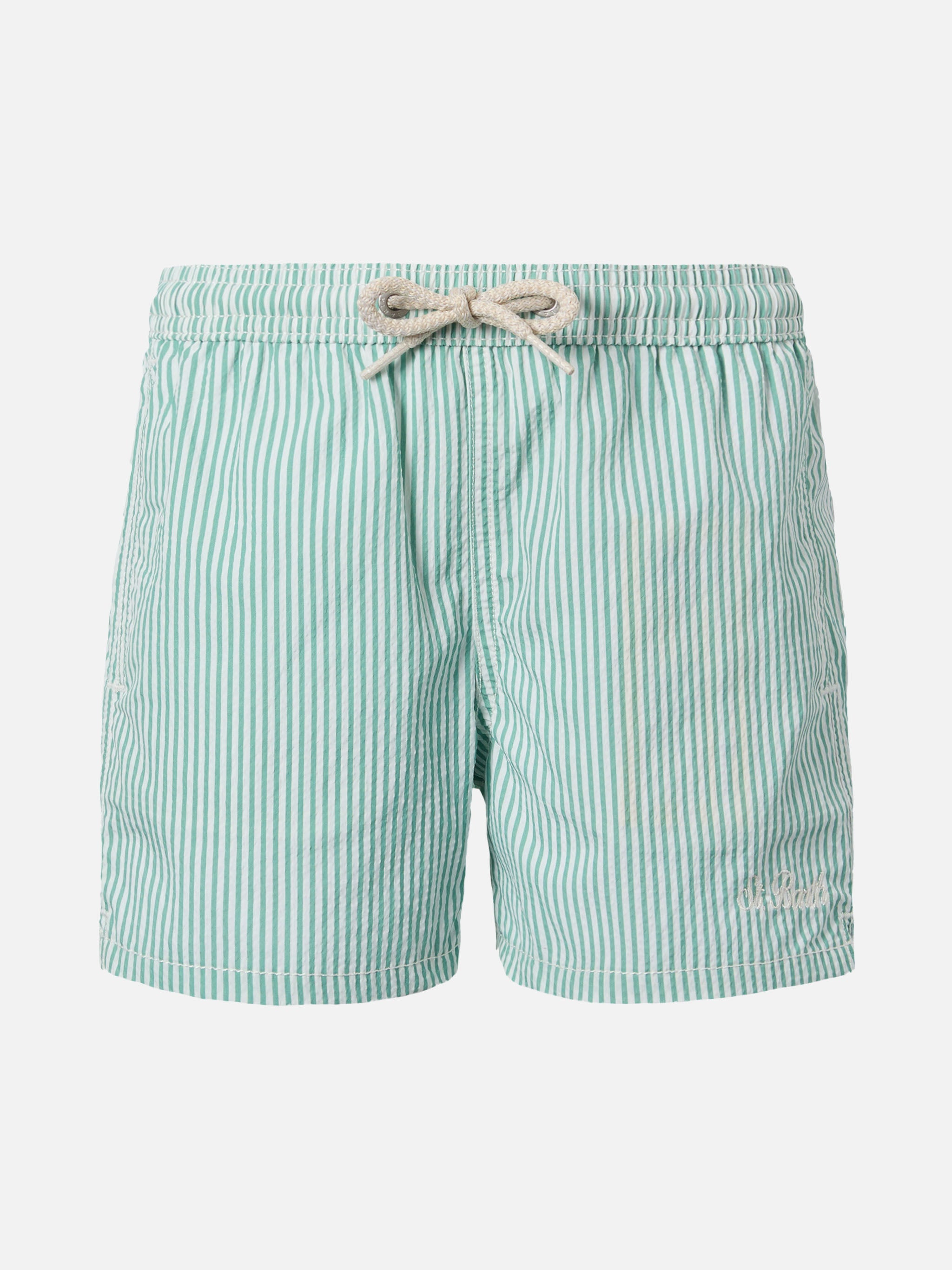 Patmos Jr Sage Green Seersucker Striped Mid-Length Swim Shorts Swimshort