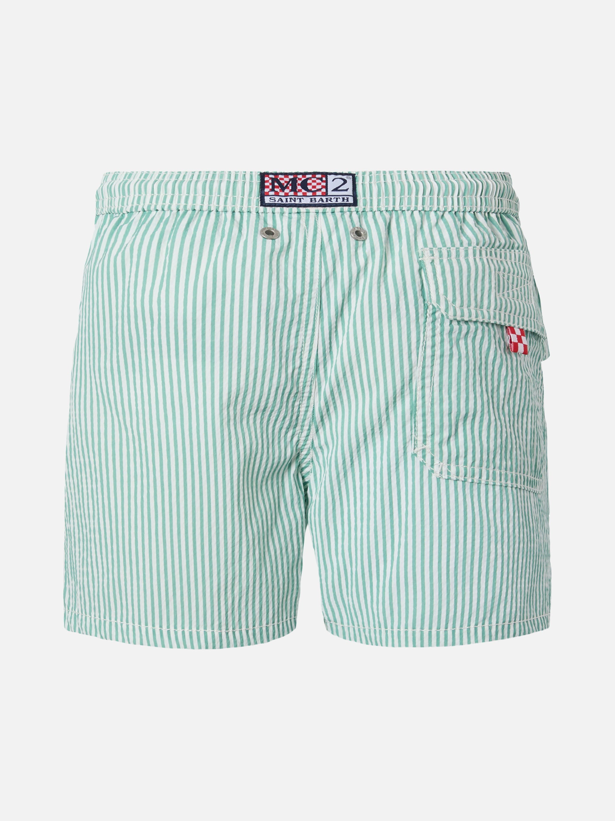 Patmos Jr Sage Green Seersucker Striped Mid-Length Swim Shorts Swimshort