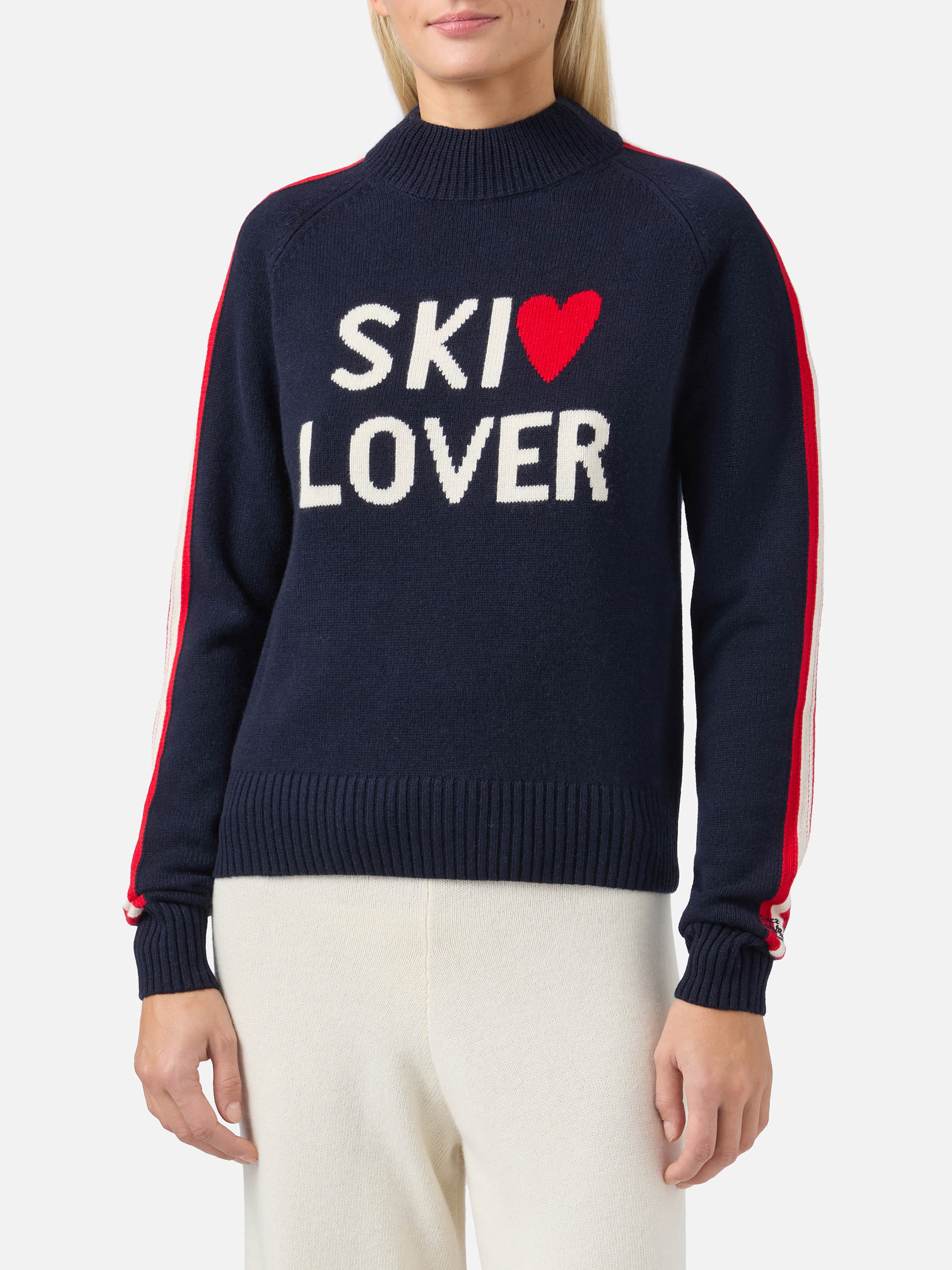 Peak Cashmere-Blend Mock-Neck Blue With Ski Lover Jacquard Knitwear