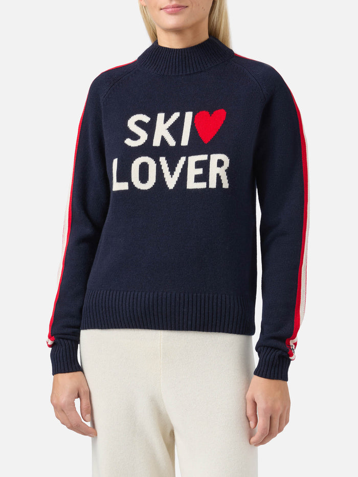 Peak Cashmere-Blend Mock-Neck Blue With Ski Lover Jacquard Knitwear