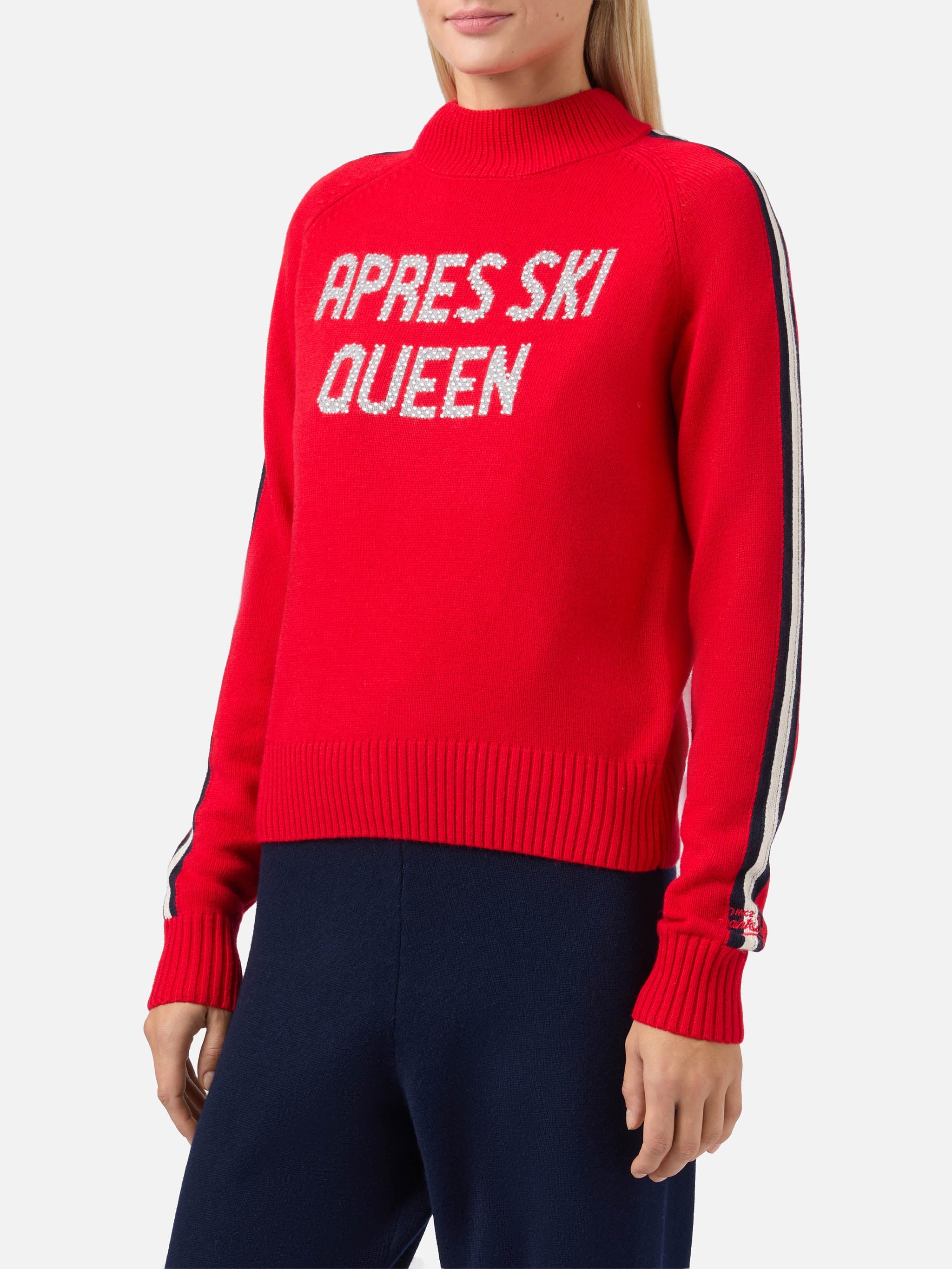 Peak Cashmere-Blend Mock-Neck Red With Apres Ski Queen Rhinestone Appliqué Knitwear