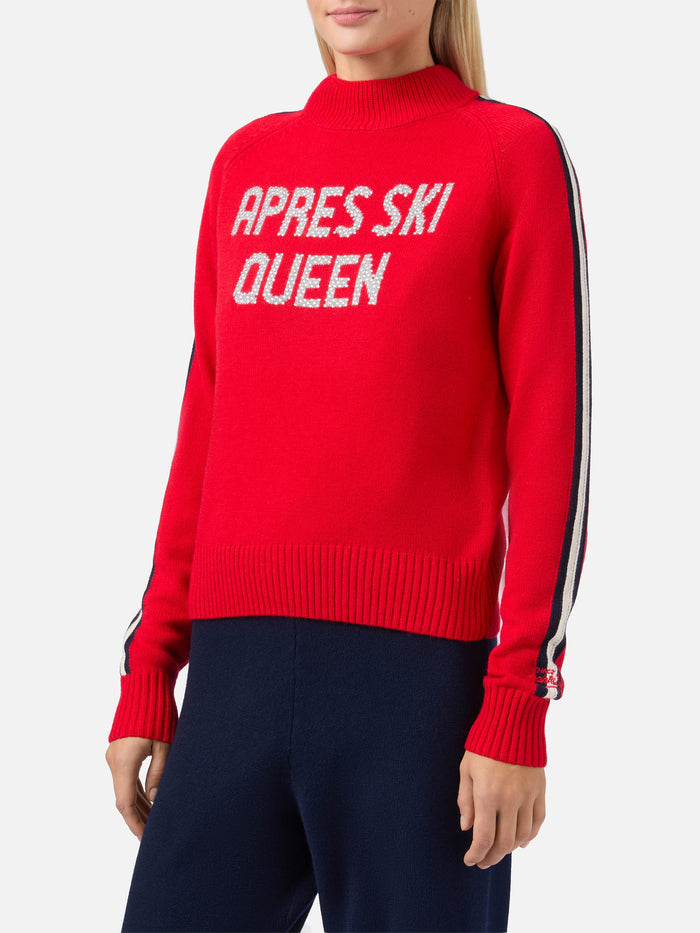 Peak Cashmere-Blend Mock-Neck Red With Apres Ski Queen Rhinestone Appliqué Knitwear