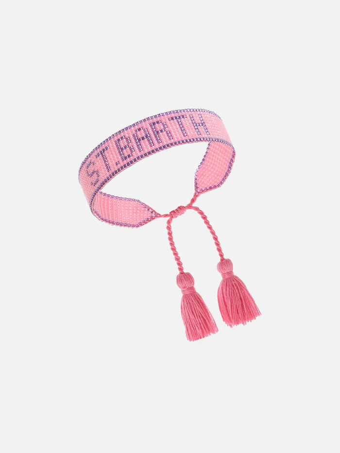 Pink And Purple Fabric Bracelet With St. Barth Beaded Lettering