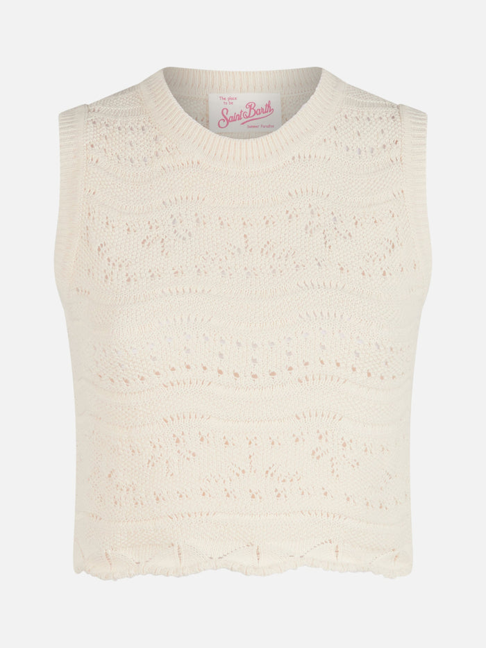 Sleeveless Cotton Knit Peach Top White Top_apparel