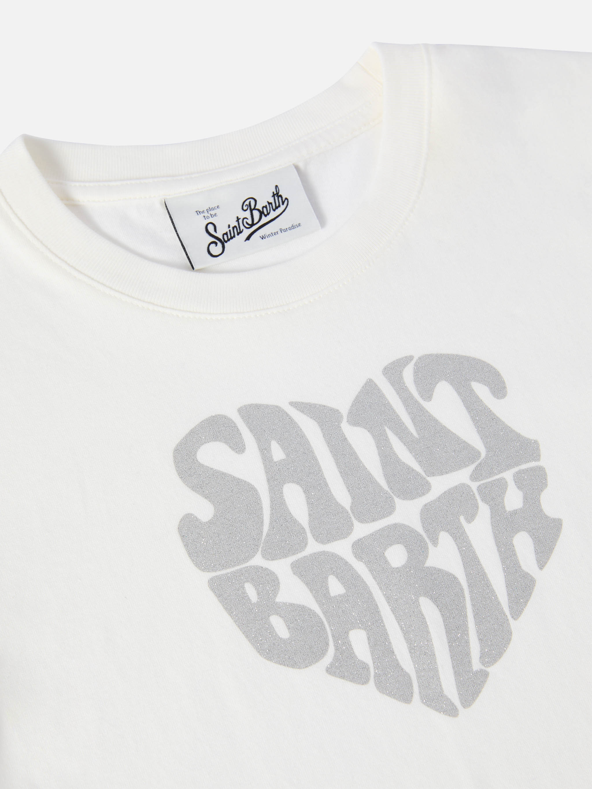 Penny Long-Sleeve Cotton T-Shirt White With Saint Barth Silver Glitter Print
