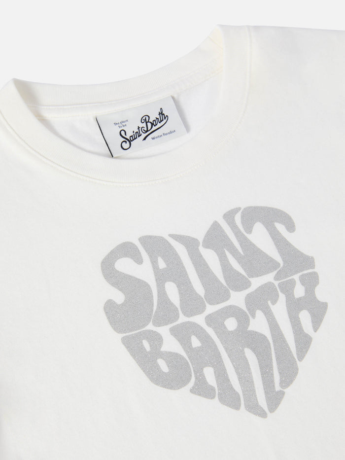 Penny Long-Sleeve Cotton T-Shirt White With Saint Barth Silver Glitter Print