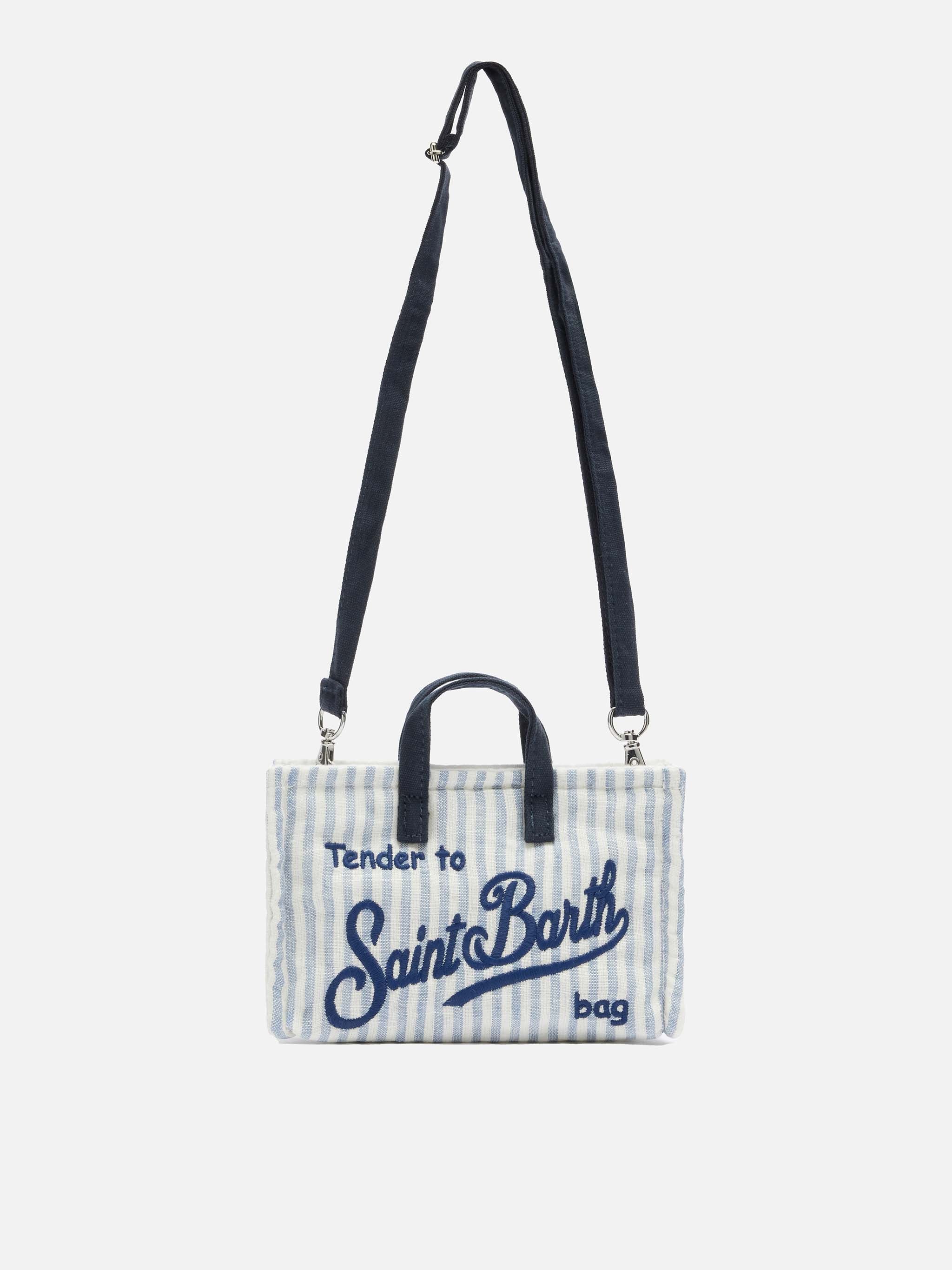 Linen Phone Bag With Light Blue Striped Print Sky