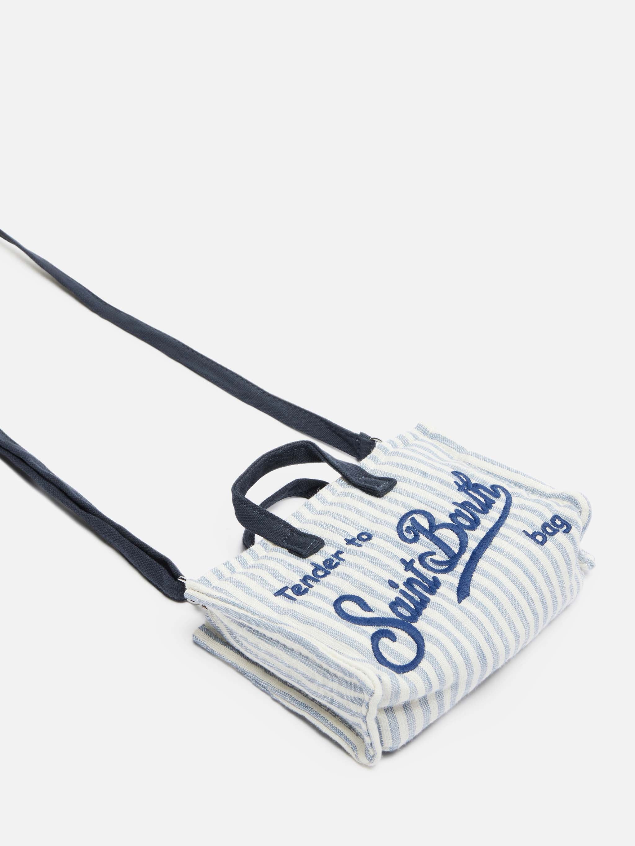 Linen Phone Bag With Light Blue Striped Print Sky
