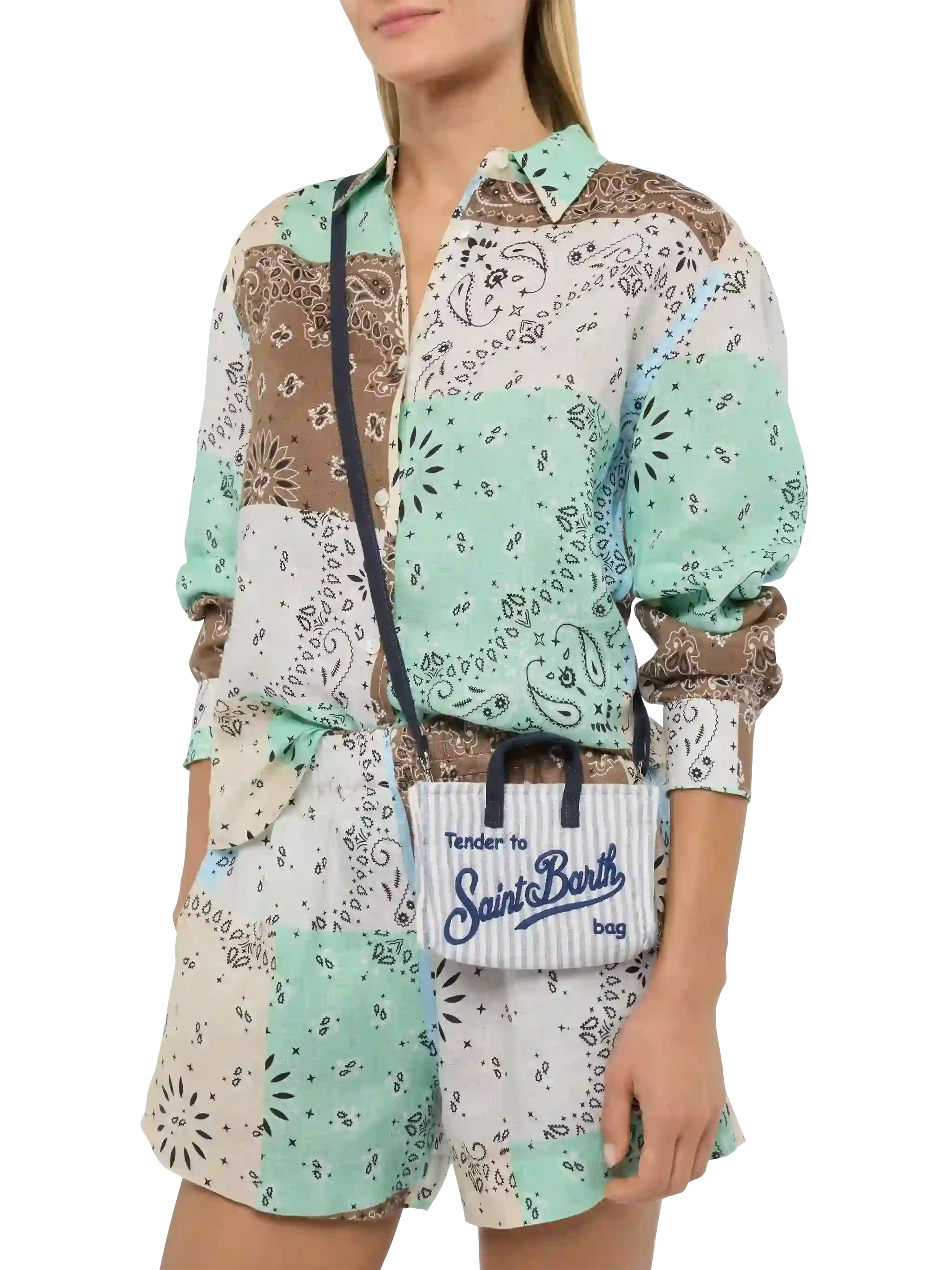 Linen Phone Bag With Light Blue Striped Print Sky