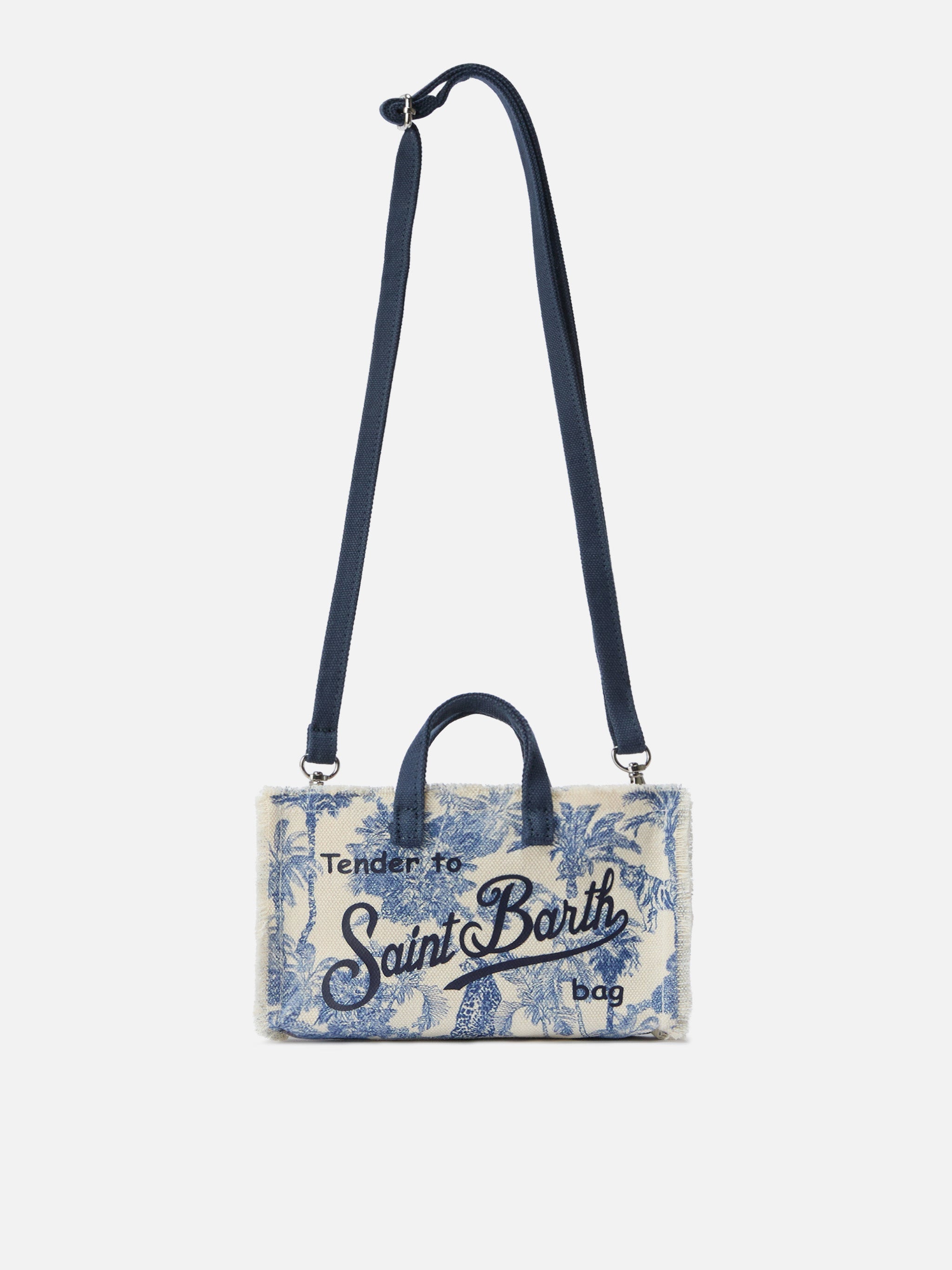Micro Phone Canvas Bag With Toile De Jouy Print And Contrasting Logo White