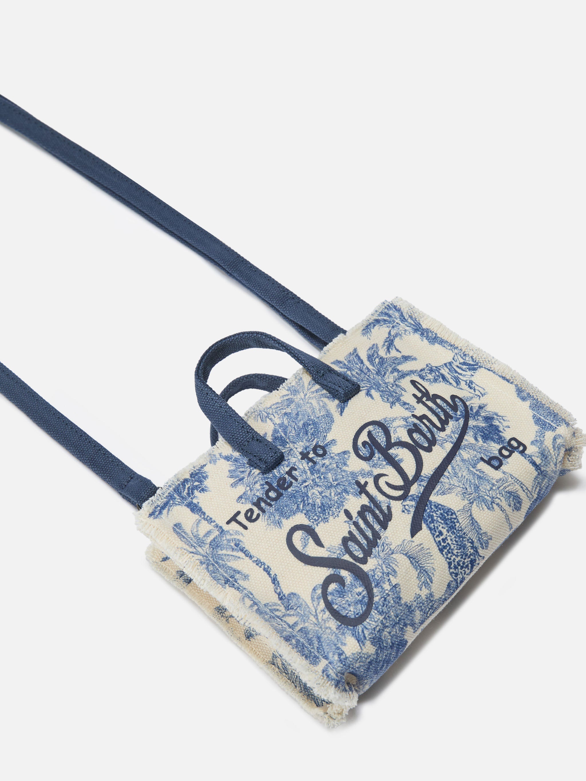 Micro Phone Canvas Bag With Toile De Jouy Print And Contrasting Logo White