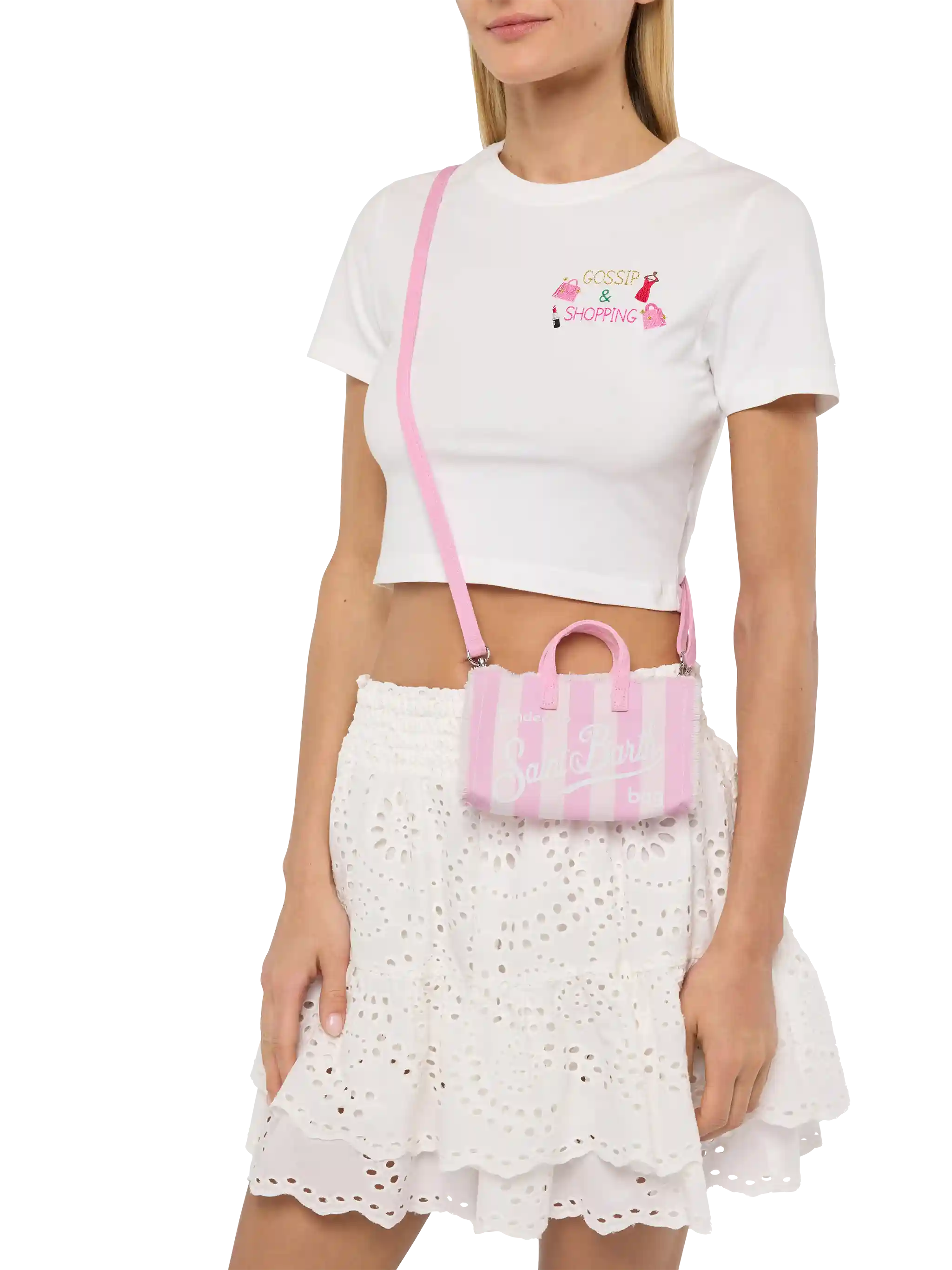 Cotton Canvas Phone Bag With Pink Striped Print