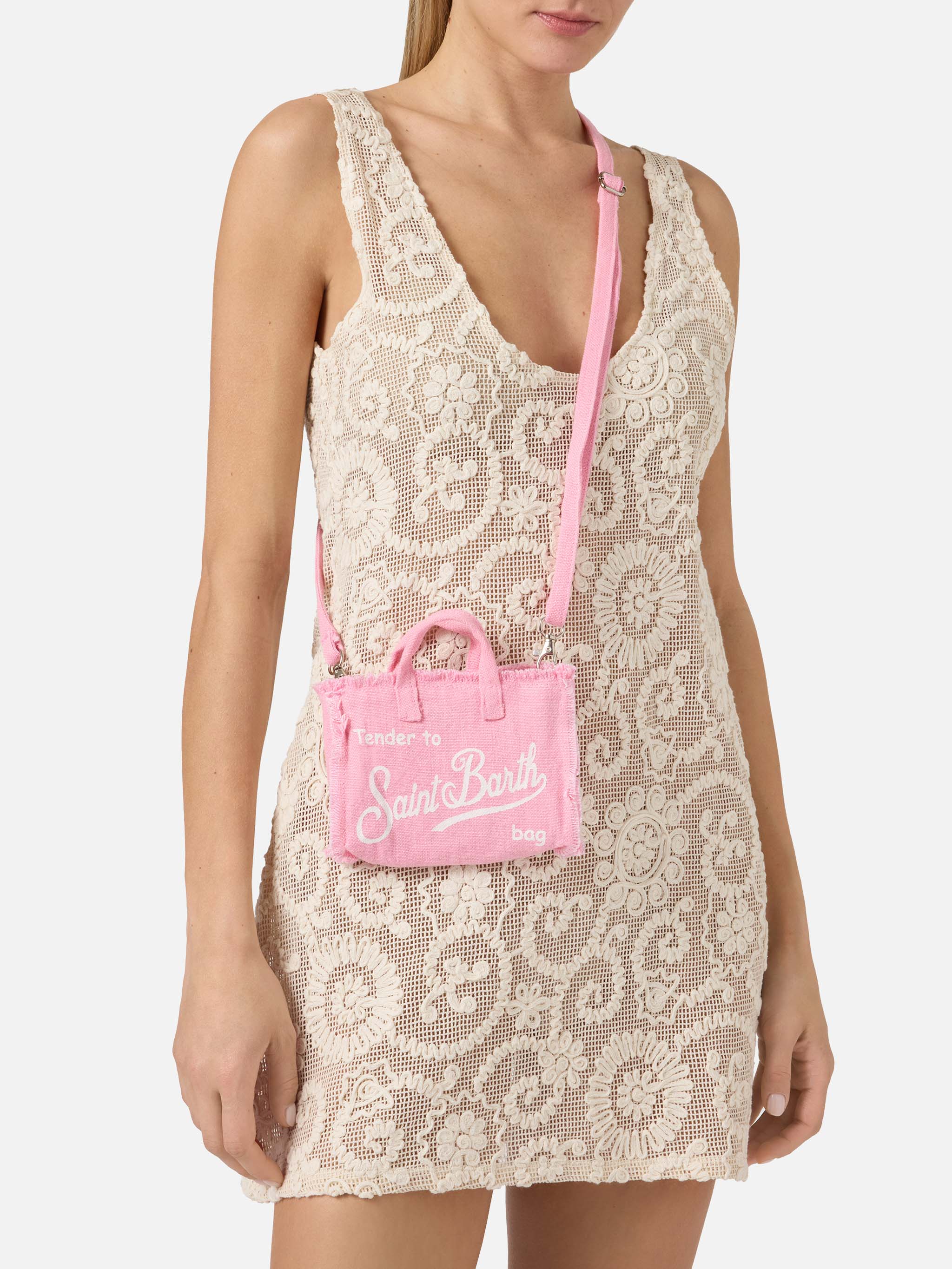 Micro Phone Solid Pink Linen Bag With Contrasting Logo