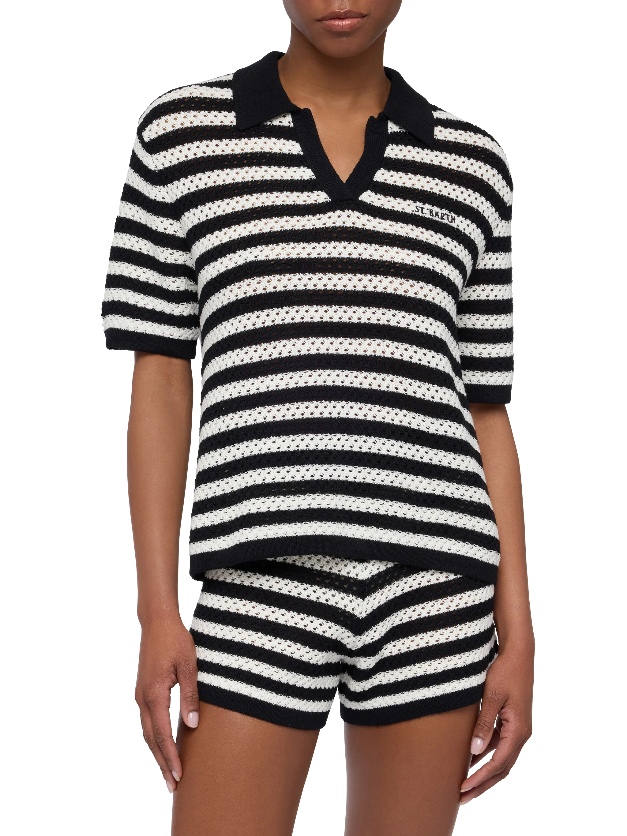 Pixie Black Striped Knit Polo Shirt