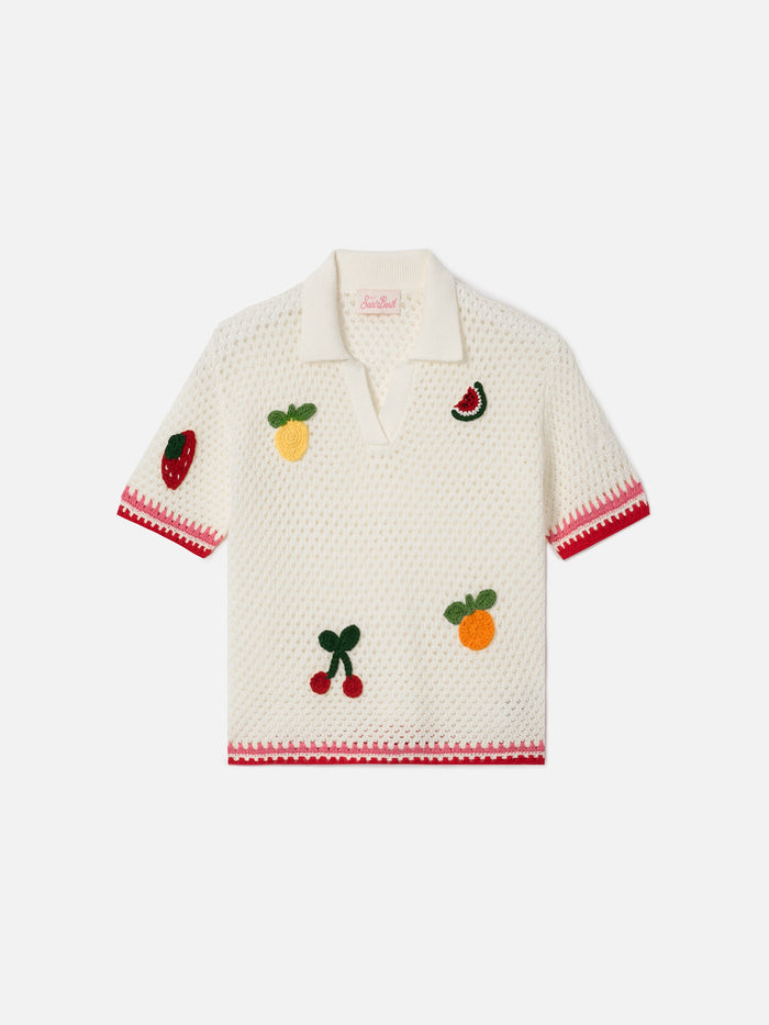 Pixie Jr Polo White Cotton Blend With Embroidered Patches Knitwear