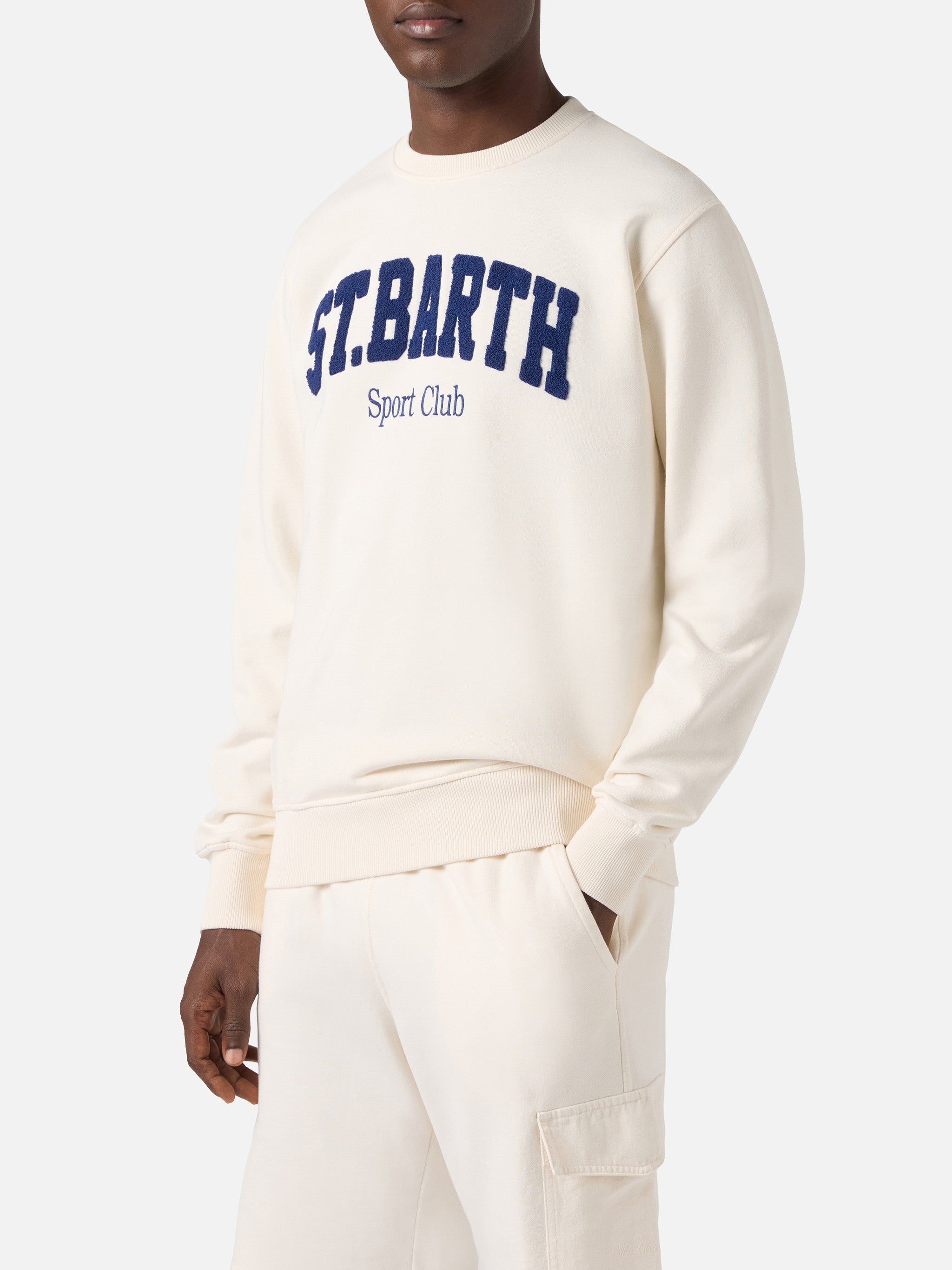 Cream Ponza Cotton Sweatshirt With Sport Club Raised Terry-Effect Logo White