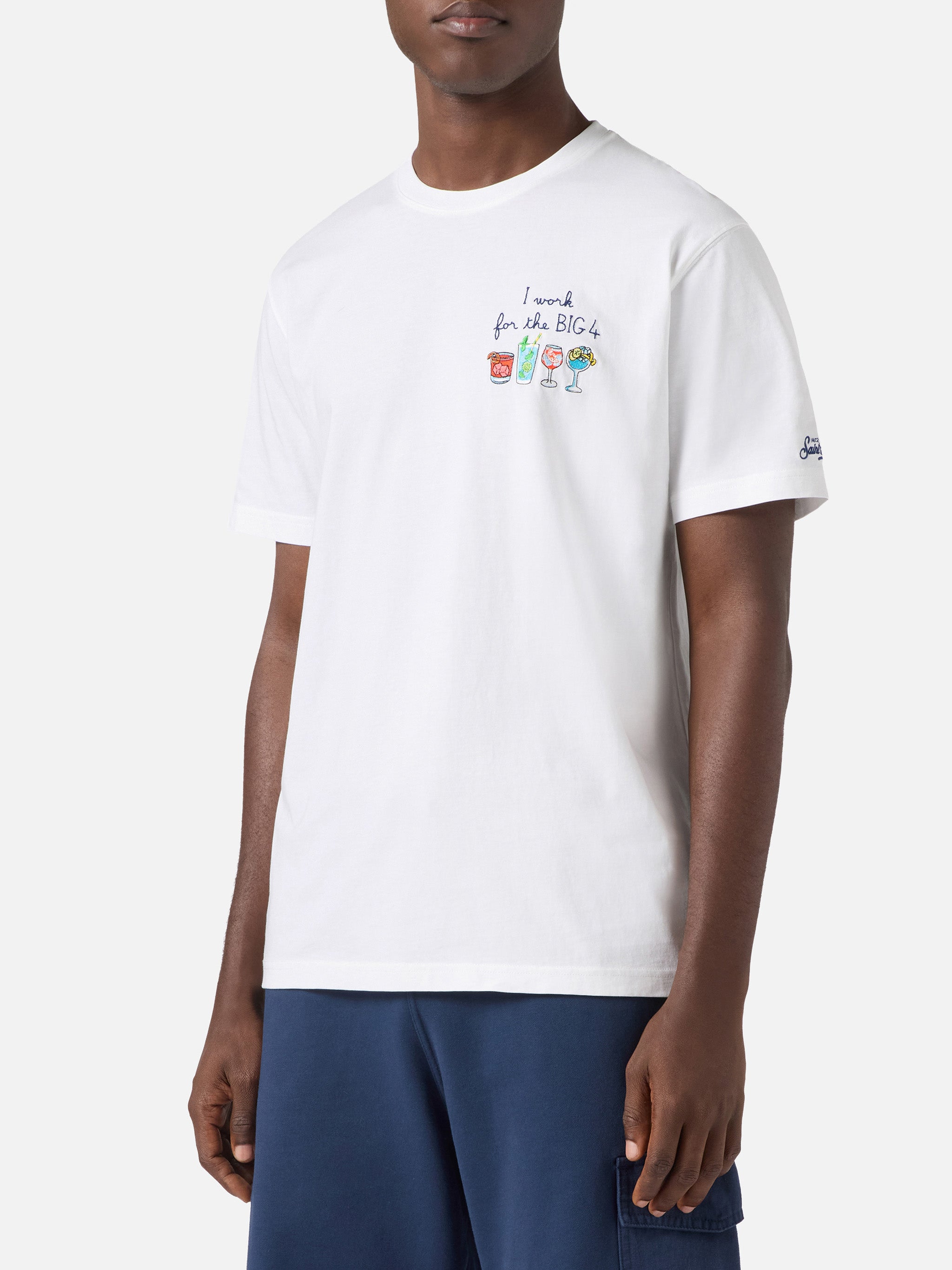 White Portofino T-Shirt With I Work For The Big 4 Embroidery