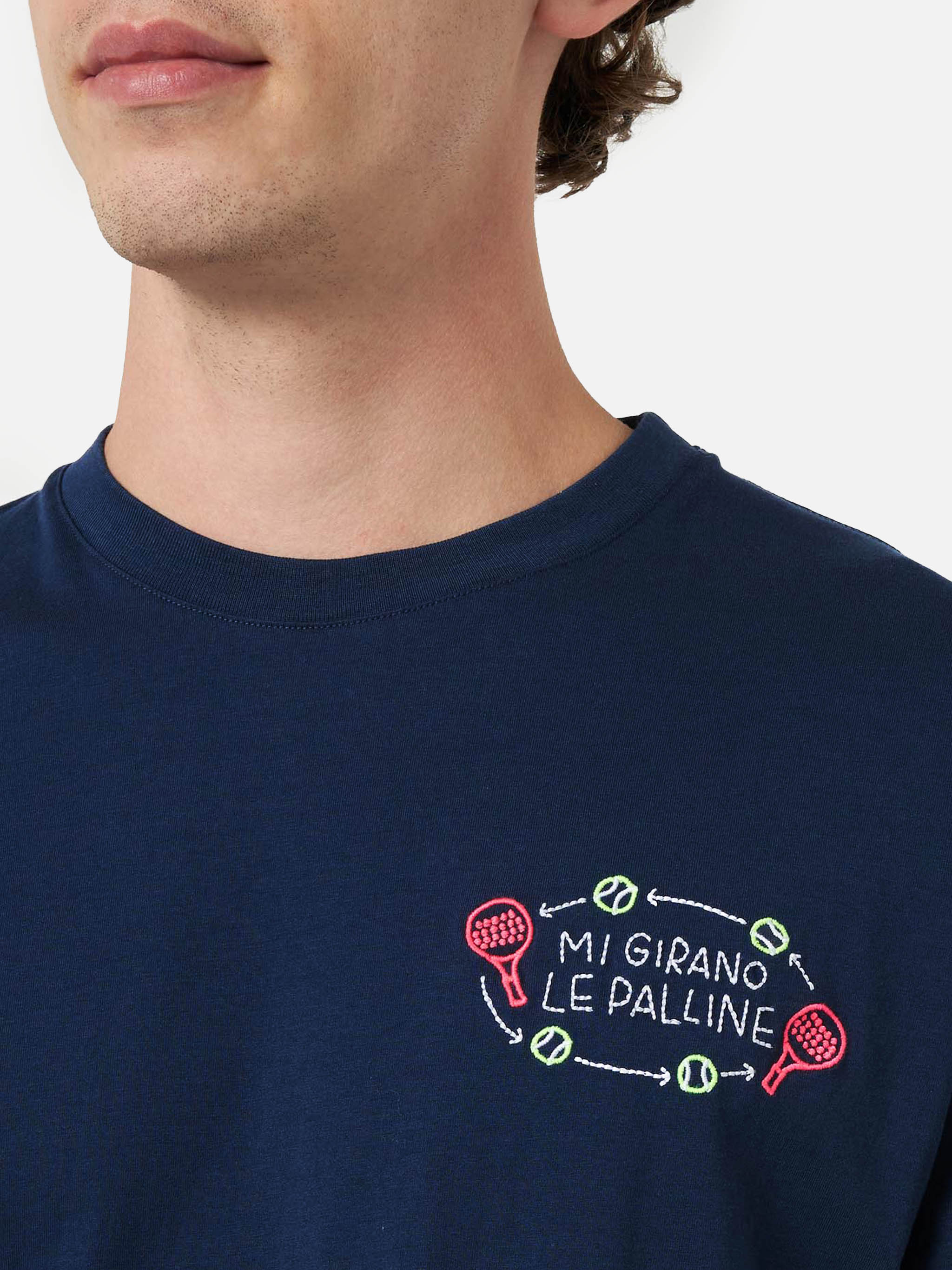 Man Classic Fit Cotton Jersey T-Shirt Portofino With Mi Girano Le Palline Embroidery | Insulti Luminosi Special Edition Blue