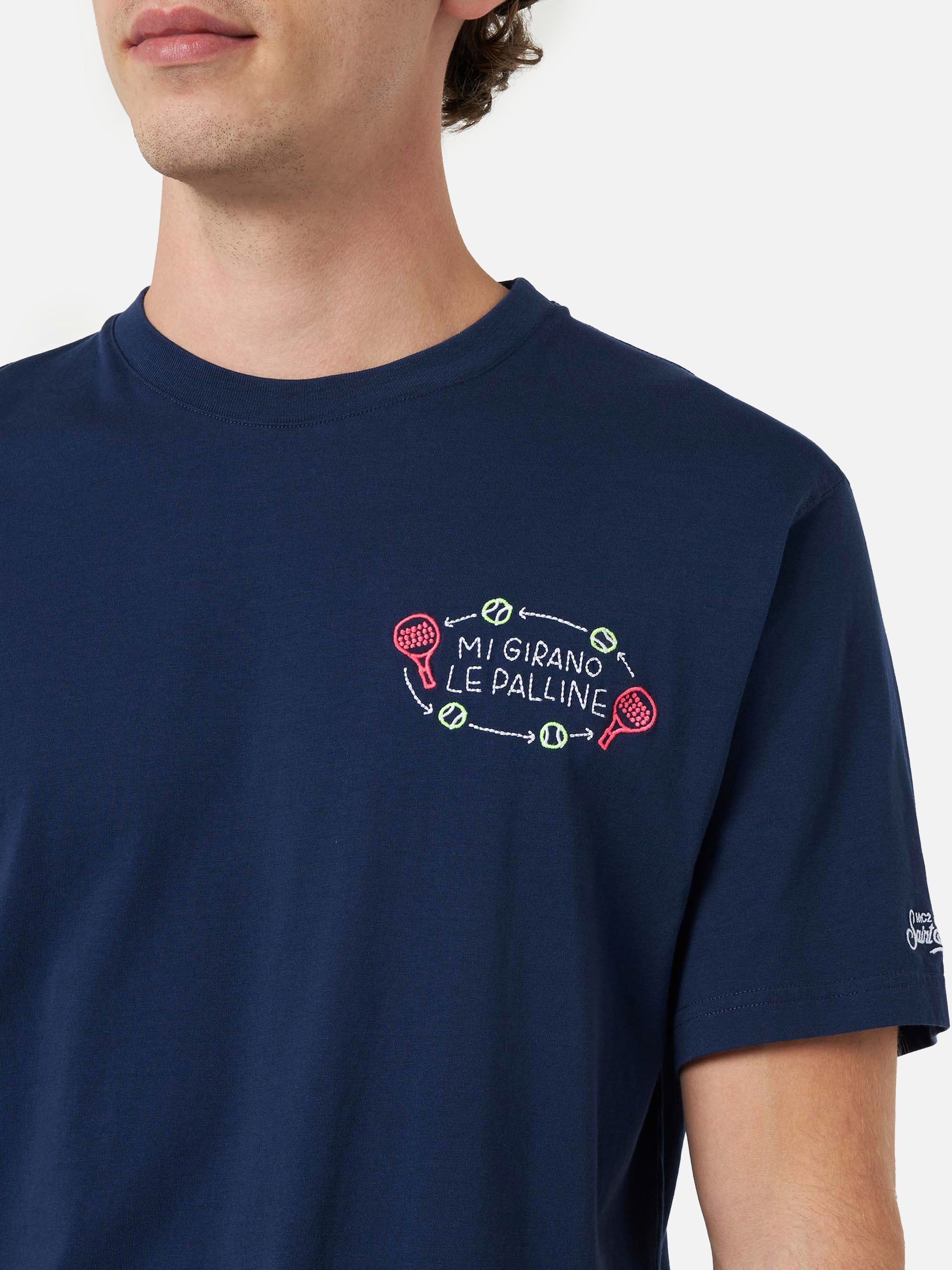 Man Classic Fit Cotton Jersey T-Shirt Portofino With Mi Girano Le Palline Embroidery | Insulti Luminosi Special Edition Blue