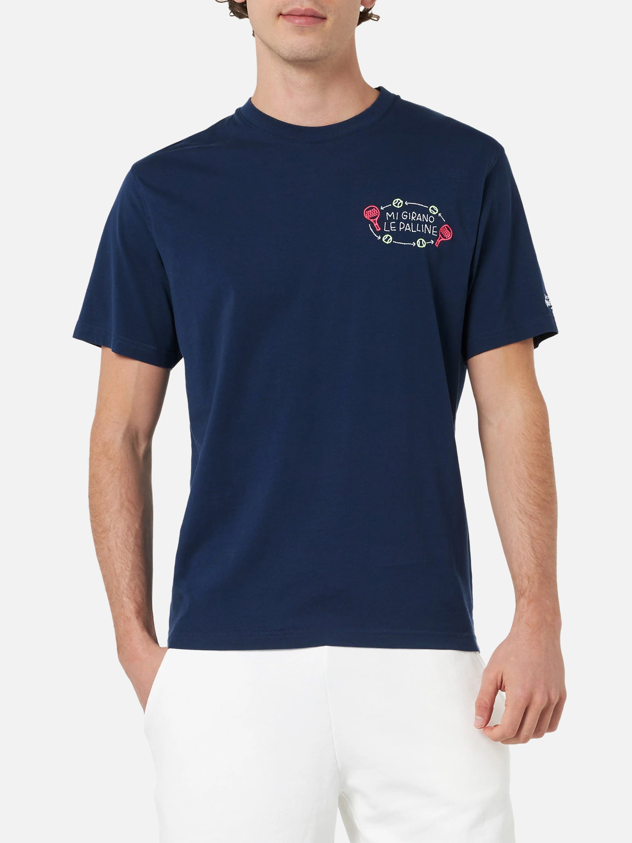 Man Classic Fit Cotton Jersey T-Shirt Portofino With Mi Girano Le Palline Embroidery | Insulti Luminosi Special Edition Blue
