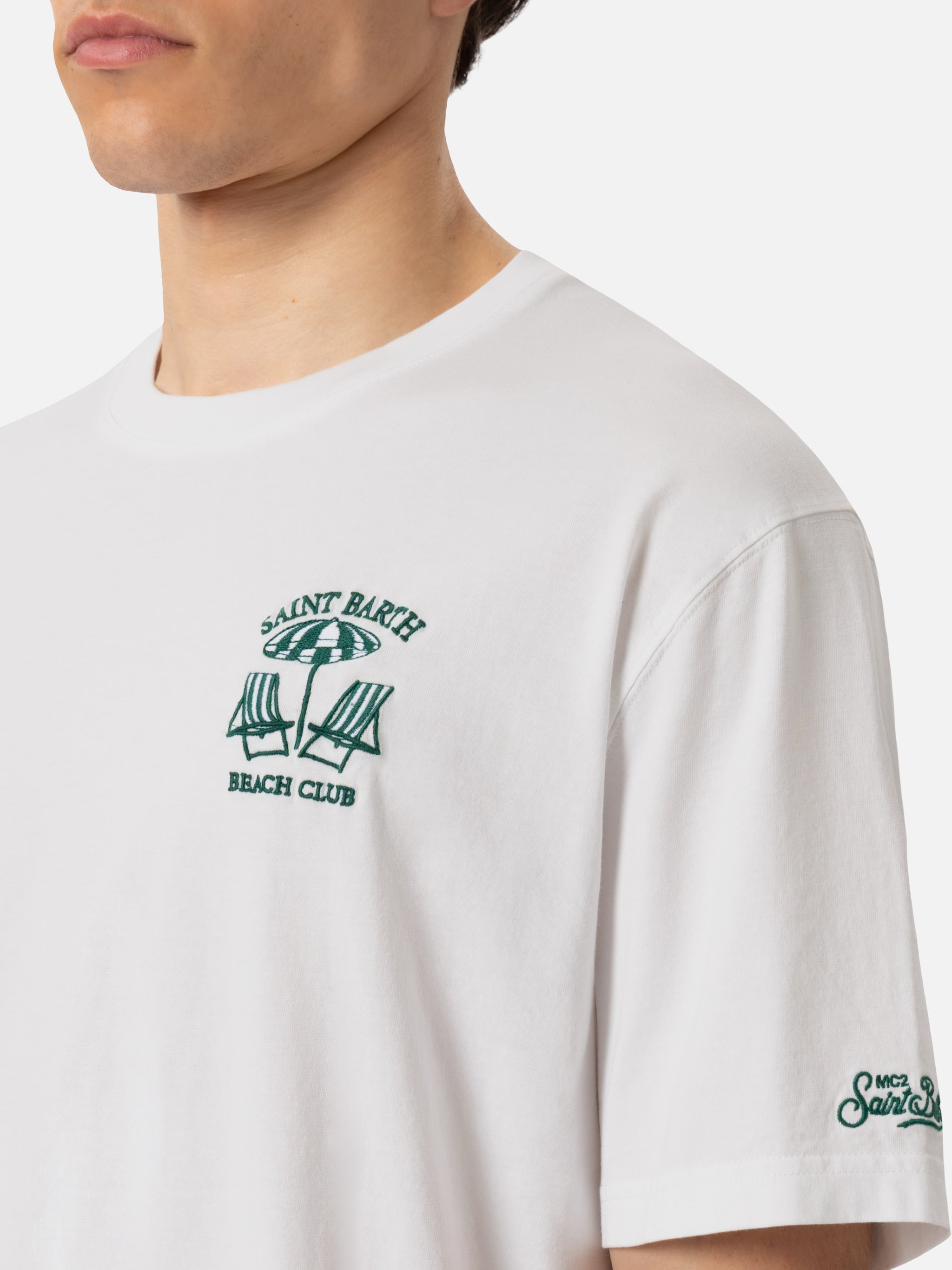 Classic Fit Cotton Jersey T-Shirt Portofino With Saint Barth Beach Club Embroidery White