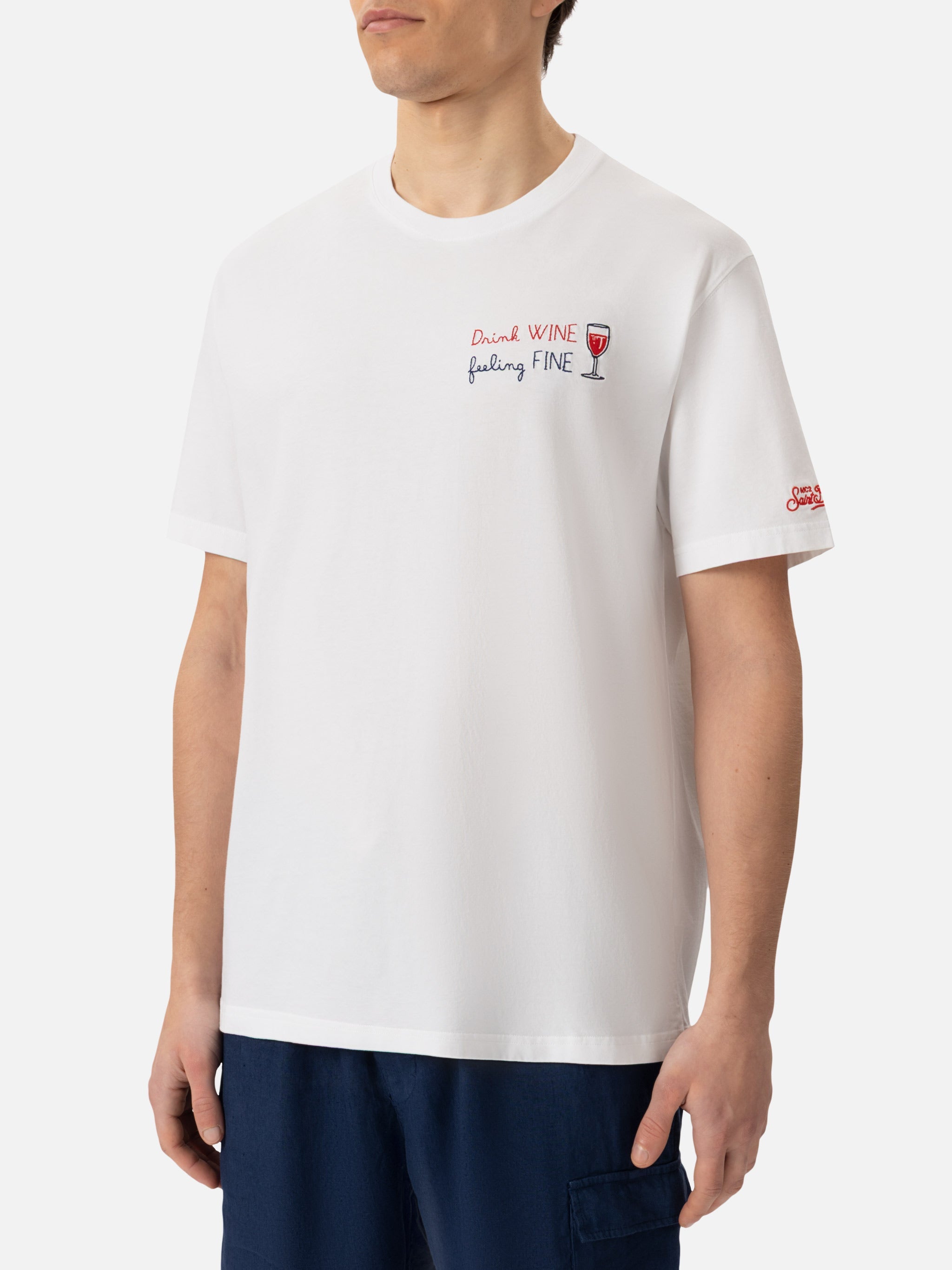 Classic Fit Cotton Jersey T-Shirt Portofino With Drink Wine Feeling Fine Embroidery White