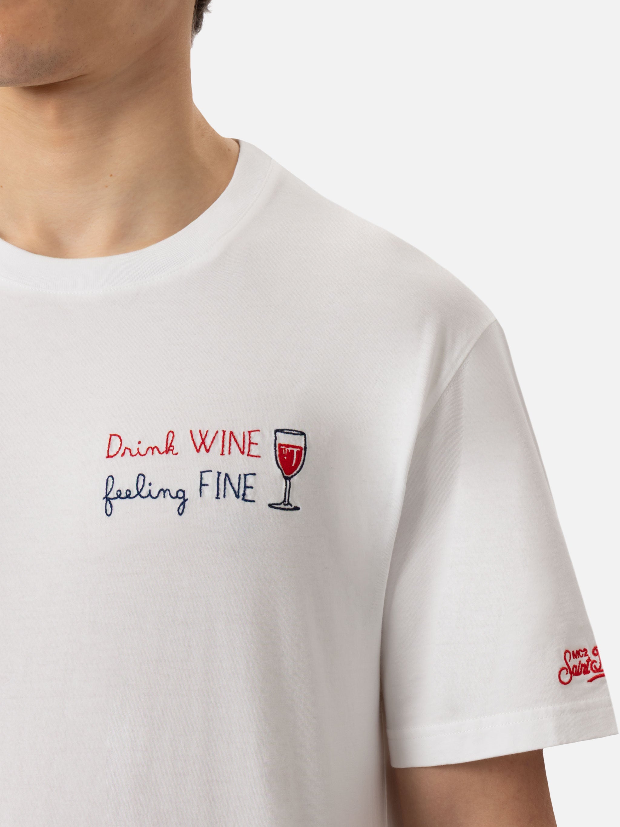 Classic Fit Cotton Jersey T-Shirt Portofino With Drink Wine Feeling Fine Embroidery White