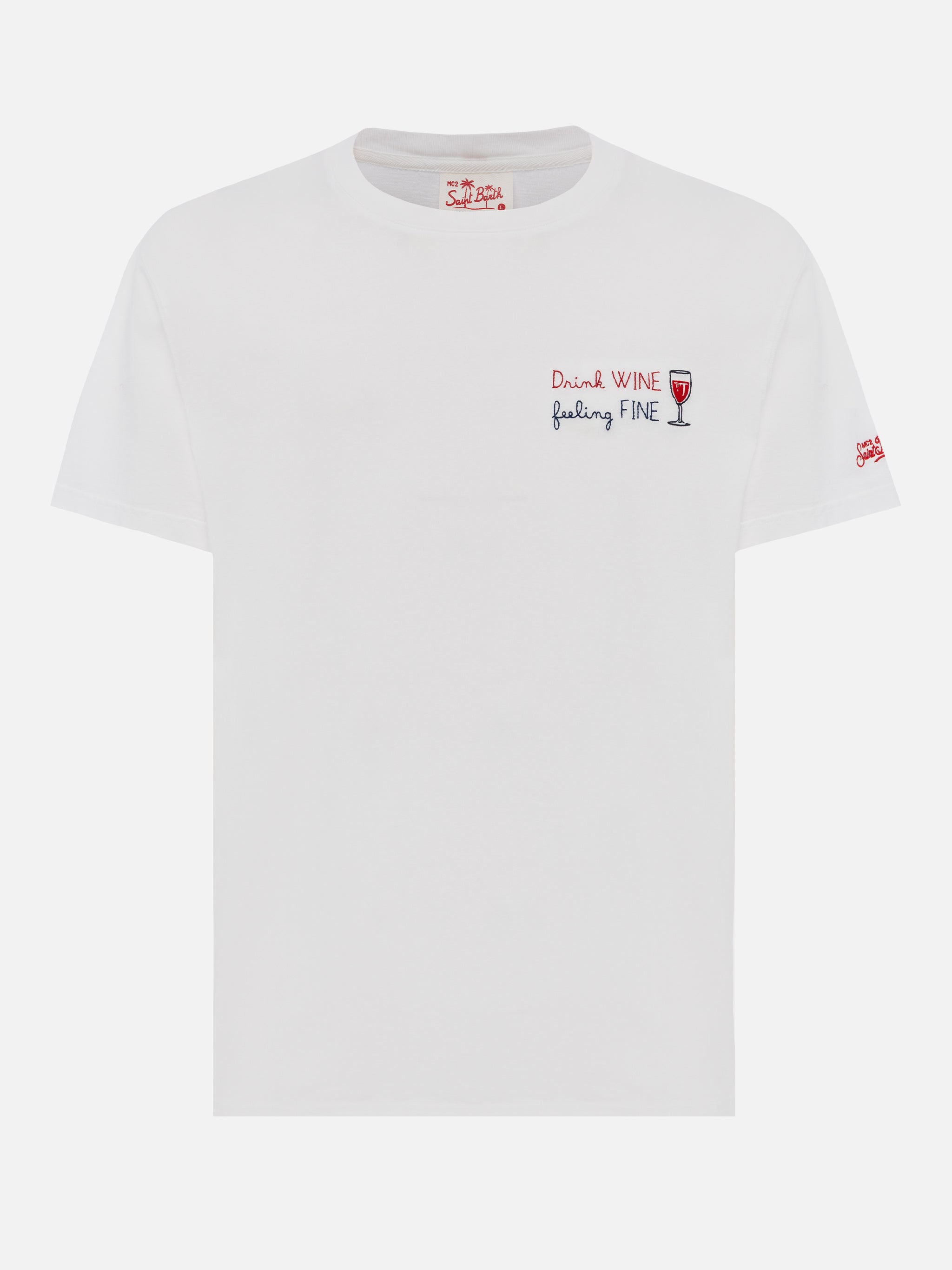 Classic Fit Cotton Jersey T-Shirt Portofino With Drink Wine Feeling Fine Embroidery White