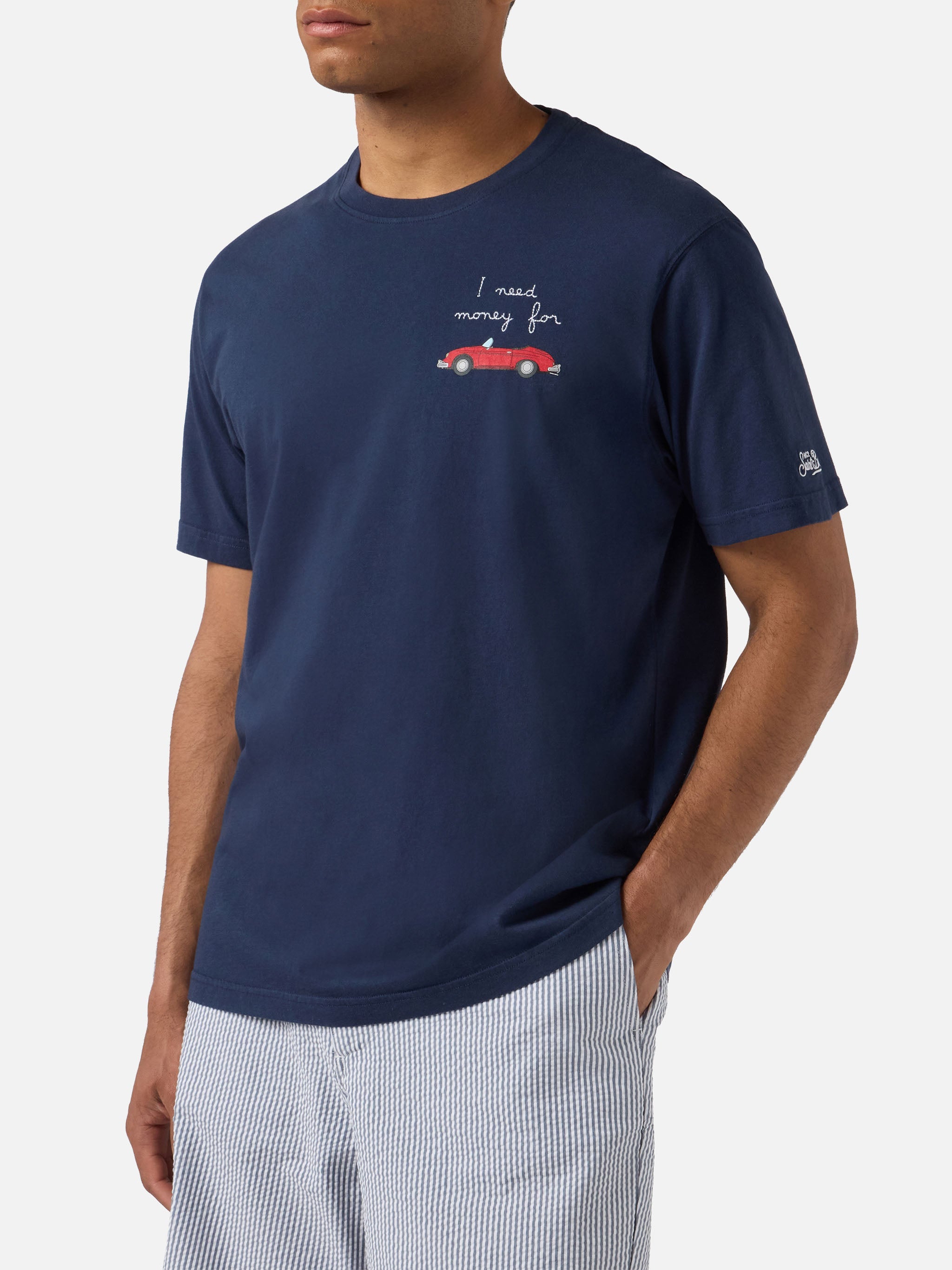 Navy Blue Portofino T-Shirt With Car And I Need Money For Embroidery