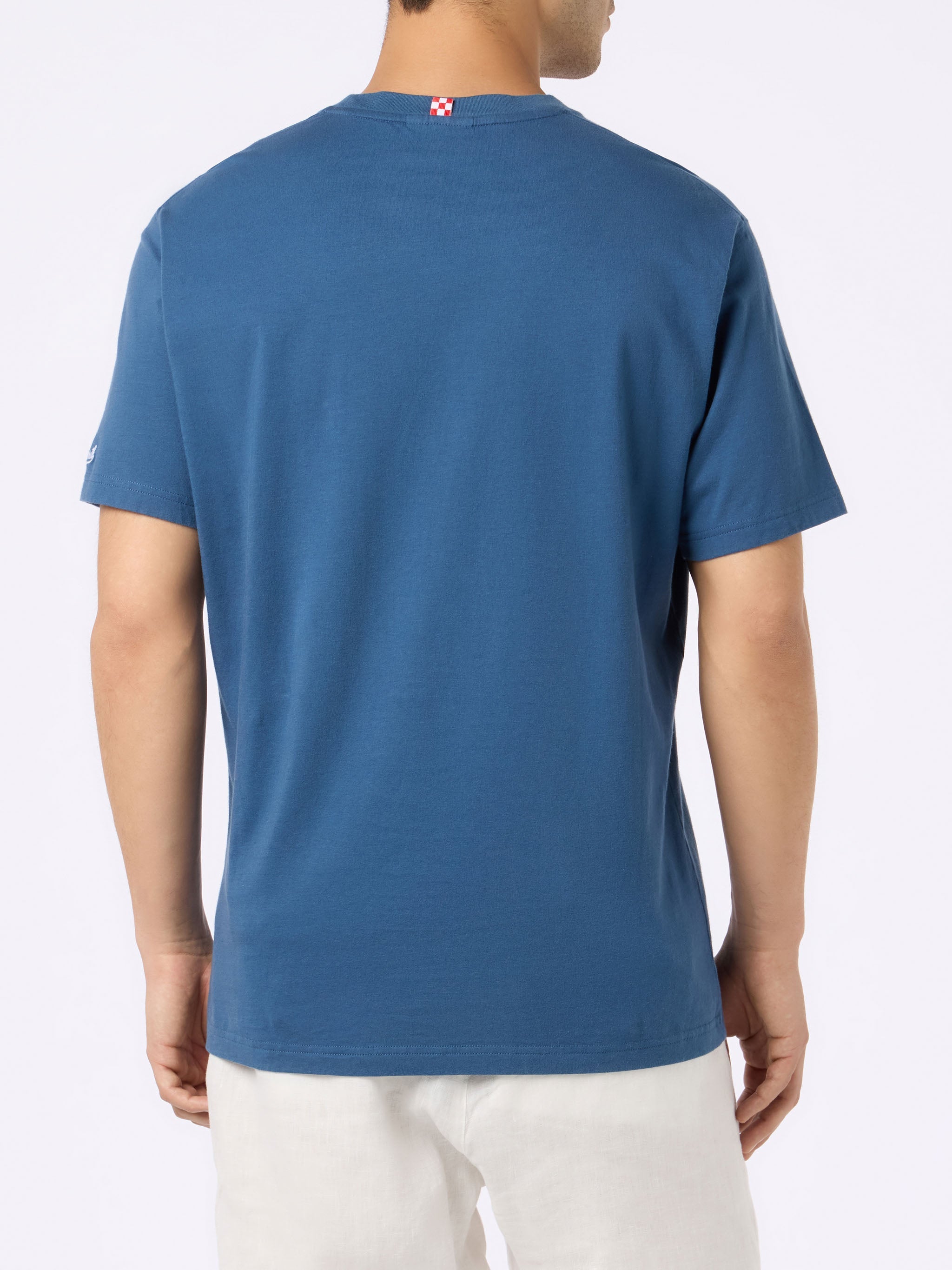 Man Classic Fit Cotton Jersey T-Shirt Portofino With Bocciato Pure Allalcol Test Embroidery Blue