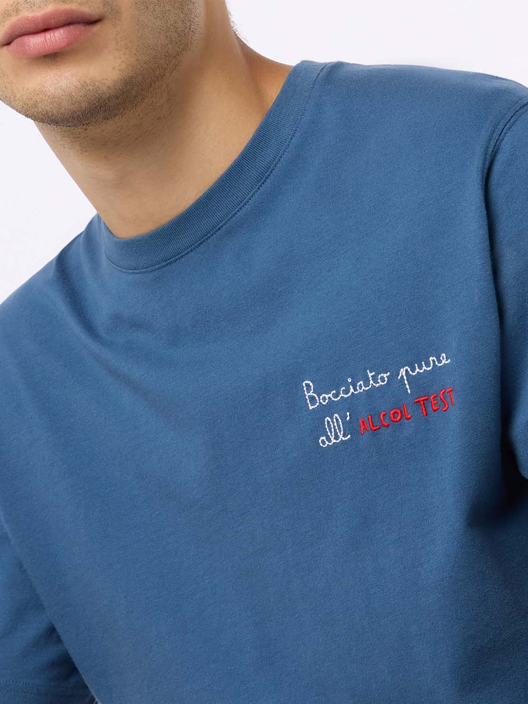 Man Classic Fit Cotton Jersey T-Shirt Portofino With Bocciato Pure Allalcol Test Embroidery Blue