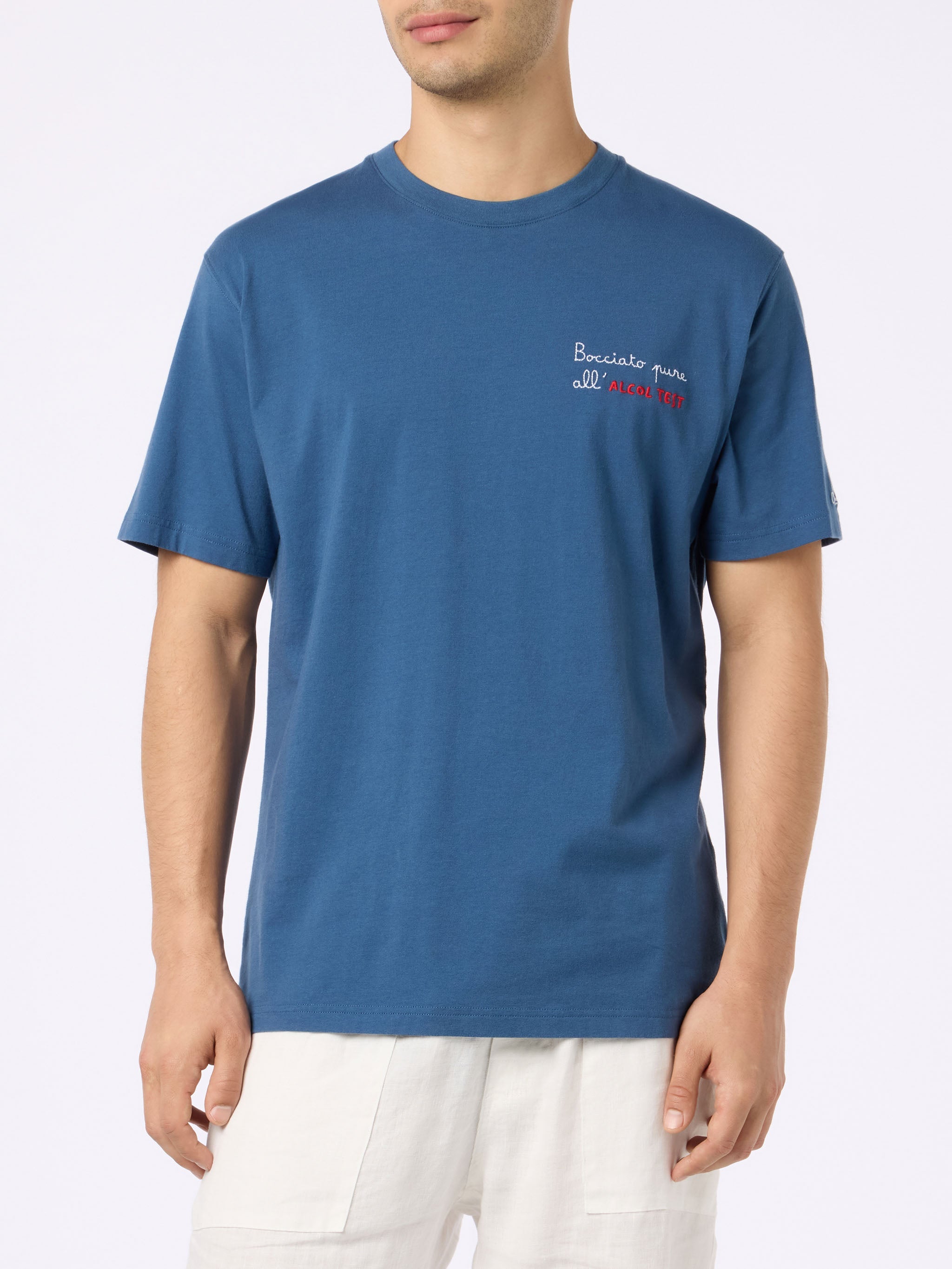 Man Classic Fit Cotton Jersey T-Shirt Portofino With Bocciato Pure Allalcol Test Embroidery Blue