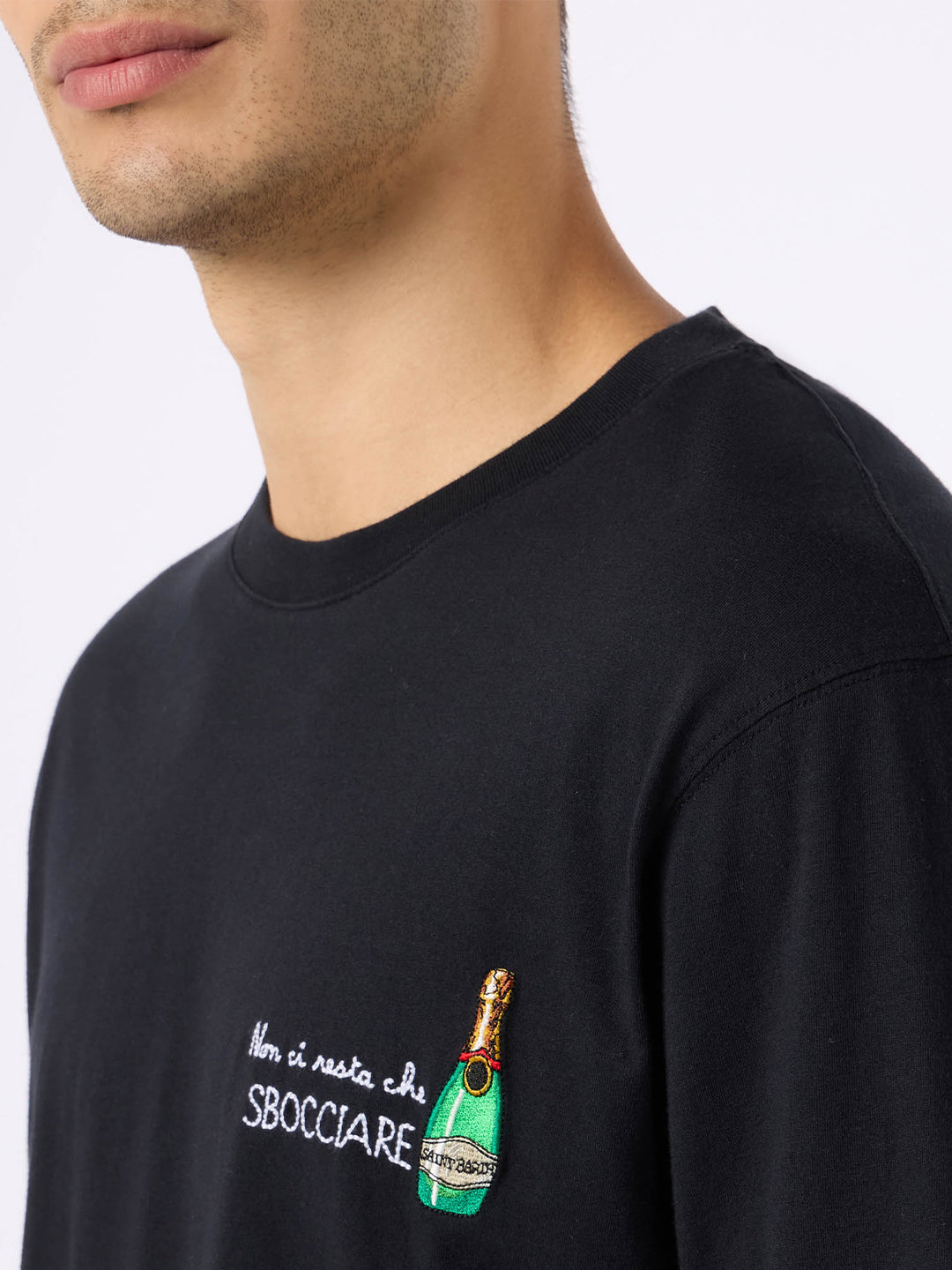 Man Classic Fit Cotton Jersey T-Shirt Portofino With Non Ci Resta Che Sbocciare Embroidery Black
