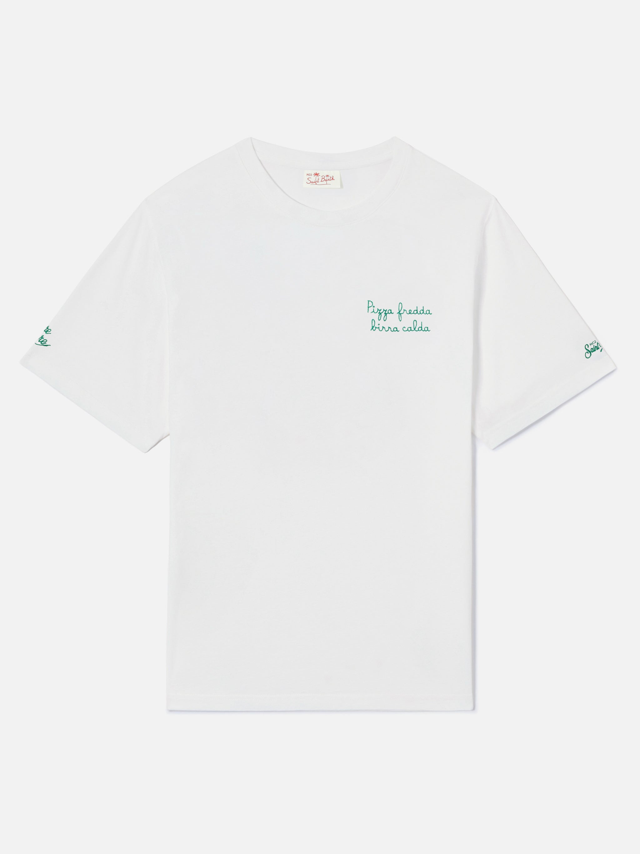 White Portofino T-Shirt With Pizza Fredda Birra Calda Embroidery